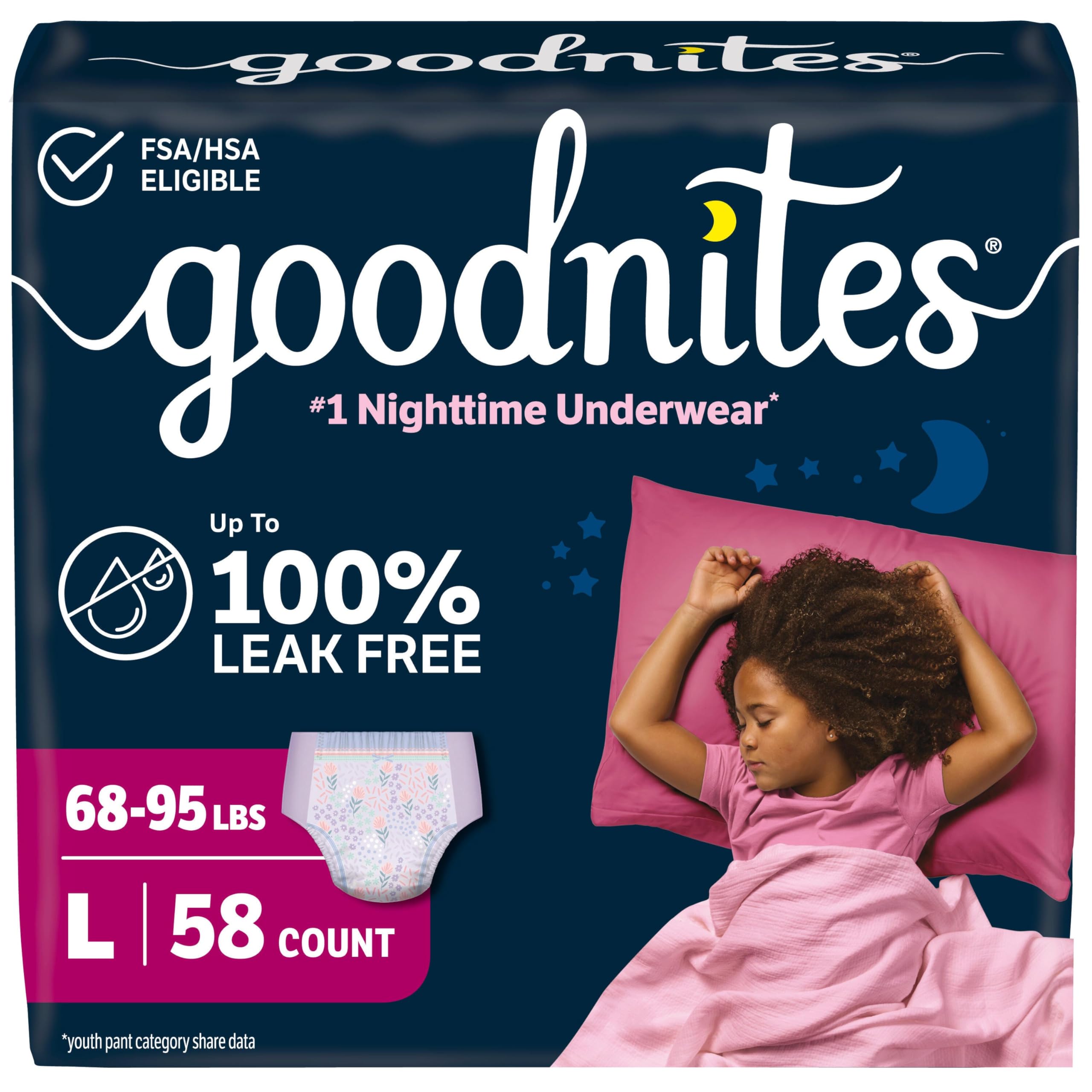 GoodNites Girls Nighttime Underwear, Size Large, 58 Ct, 2 Packs of 29