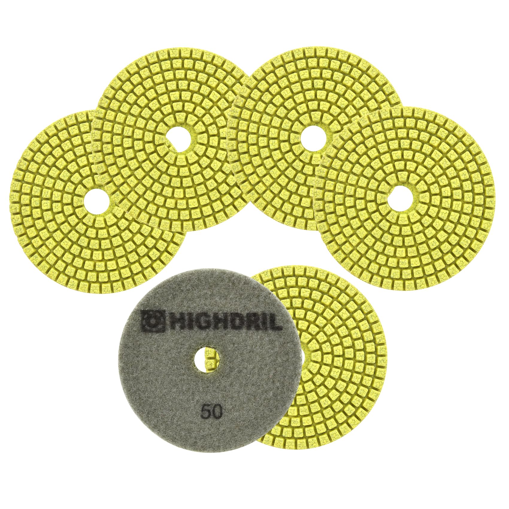HIGHDRIL Wet Diamond Polishing Pads 4"(100mm) - 6pcs Grit #50 Sanding Pads for Granite Marble Quartz Artificial Stone