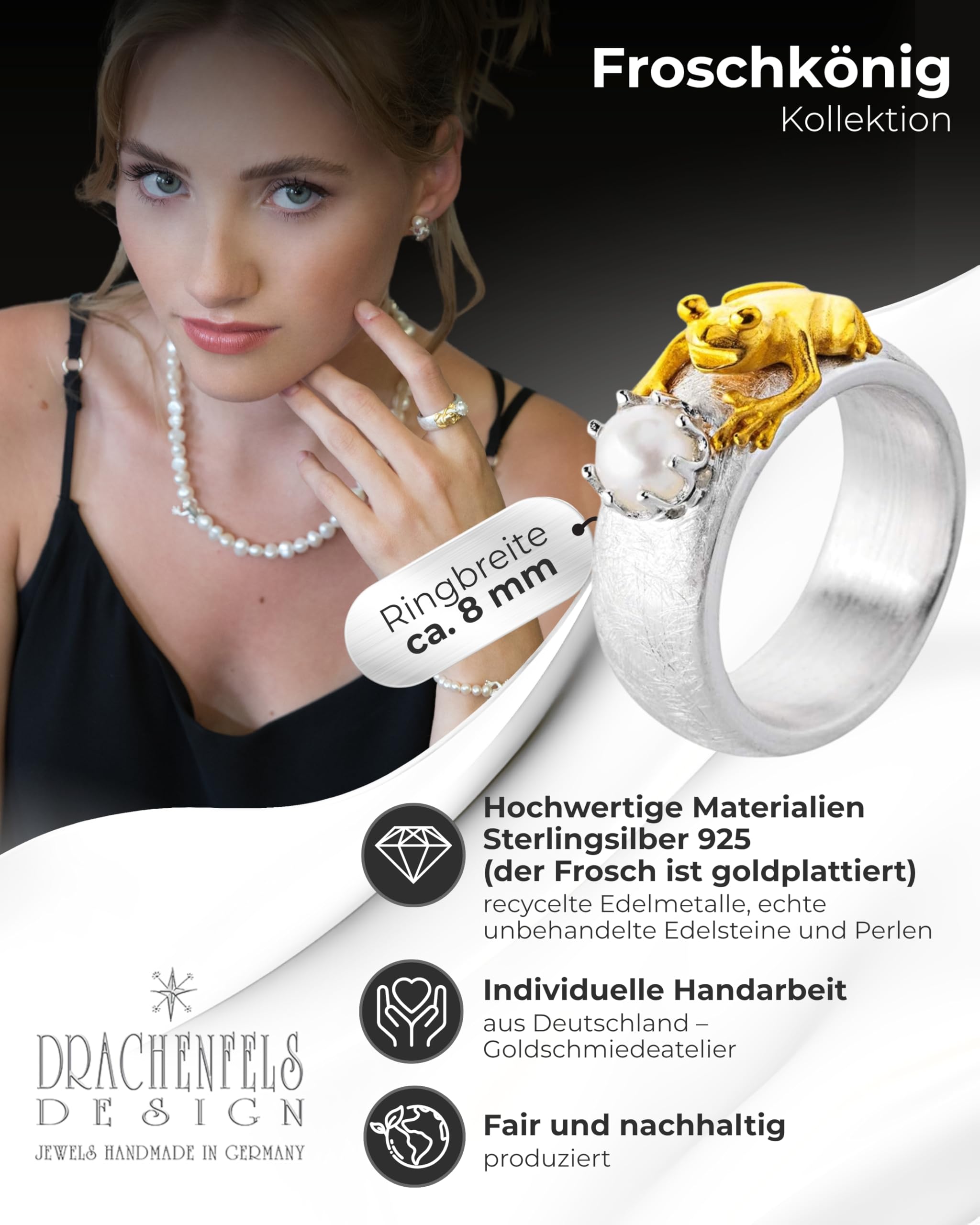 Drachenfels Froschkönig Ring I Größen 52–62 I Edler Damenring aus teilsgoldplattiertem 925 Sterling Silber I Nickelfreier Silberring mit Süßwasserperle I In Goldschmiedequalität gefertigt