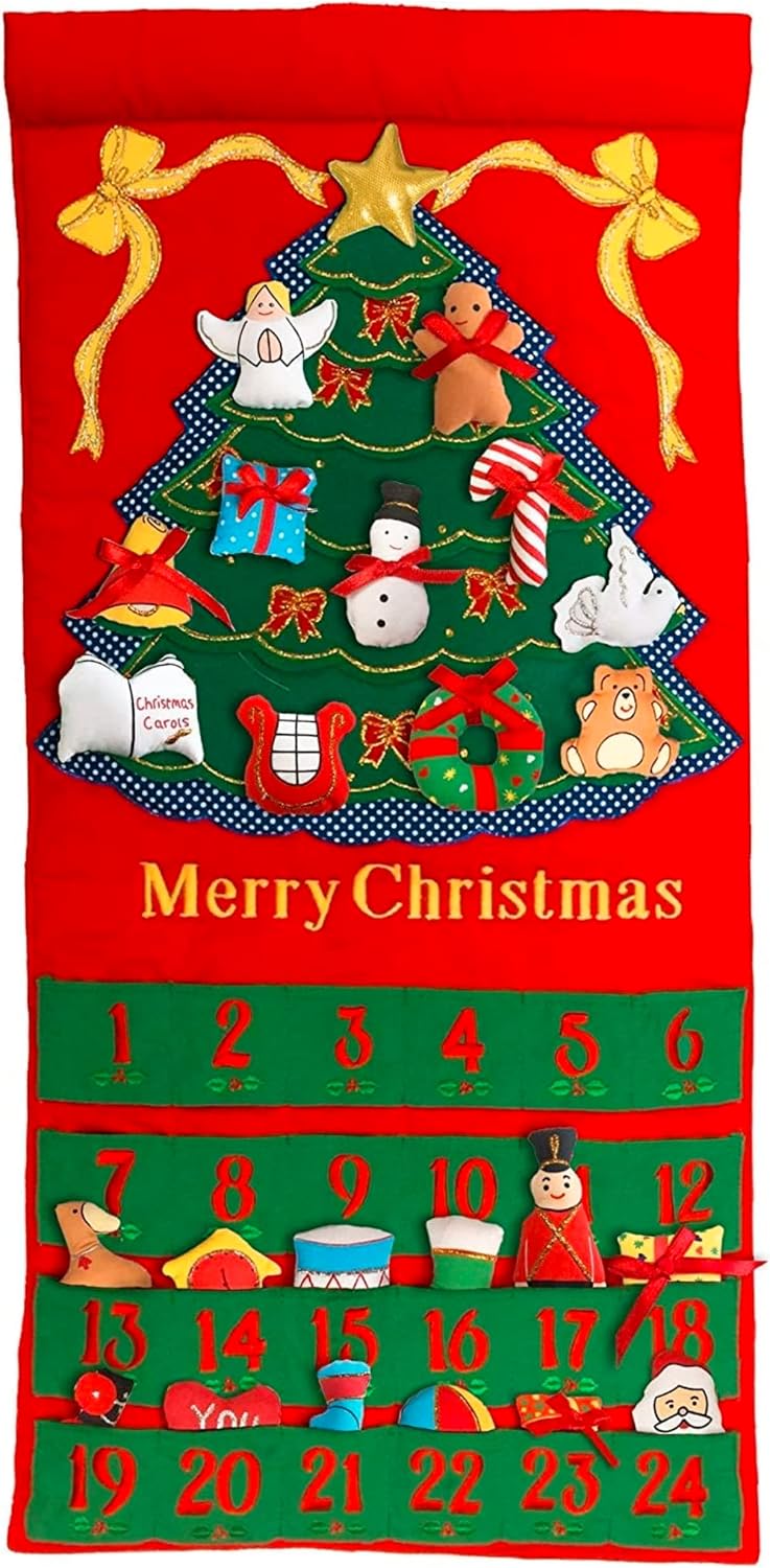 Pockets of Learning Merry Christmas Tree Advent Calendar, Holiday Décor, Seasonal Fabric Wall Hanging, Cloth Countdown