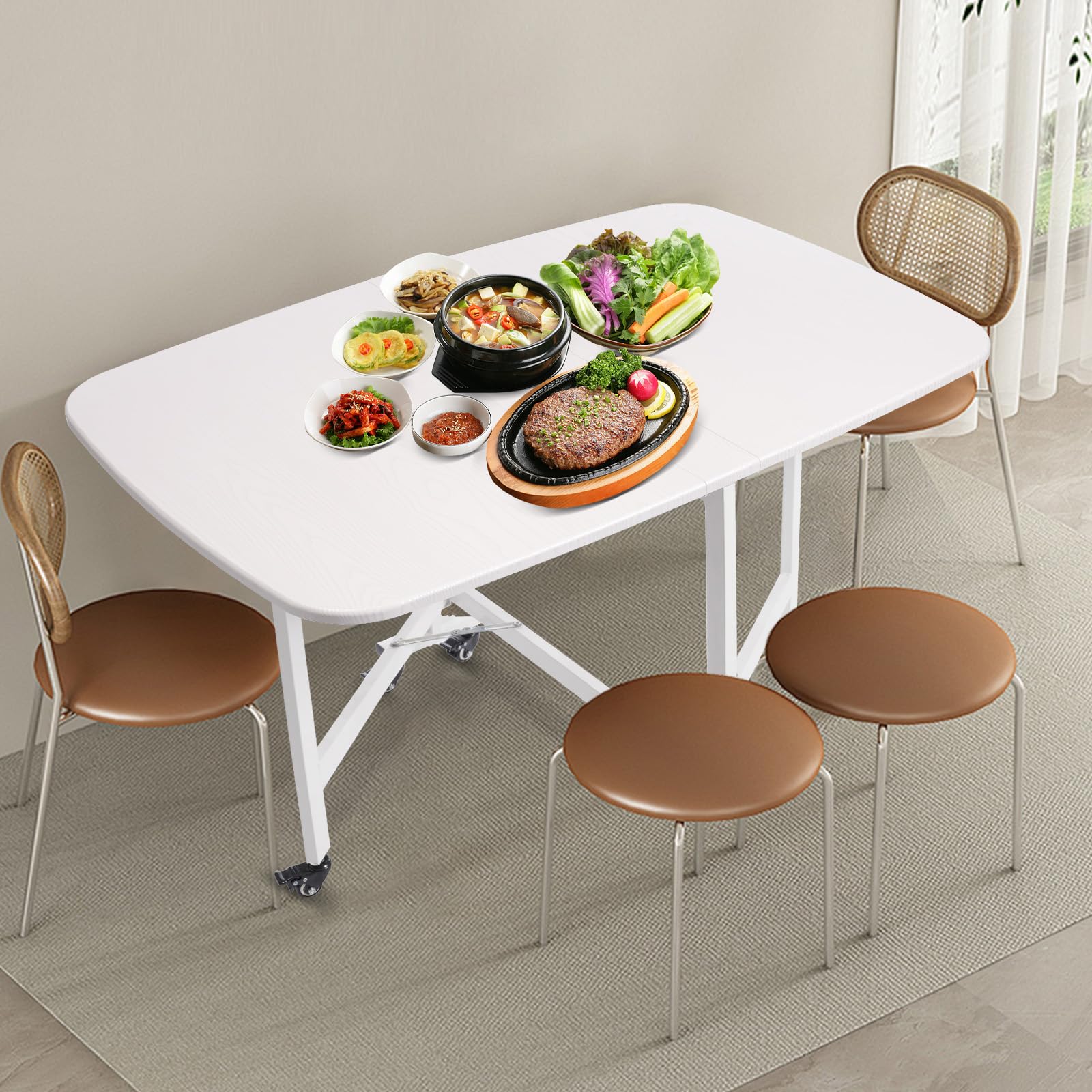 Mesa de comedor, 120 x 80 x 75 cm, extensible con 6 ruedas, capacidad de carga 100 kg, mesa de comedor plegable para 4-6 personas, para parques, salones, restaurantes (blanco)