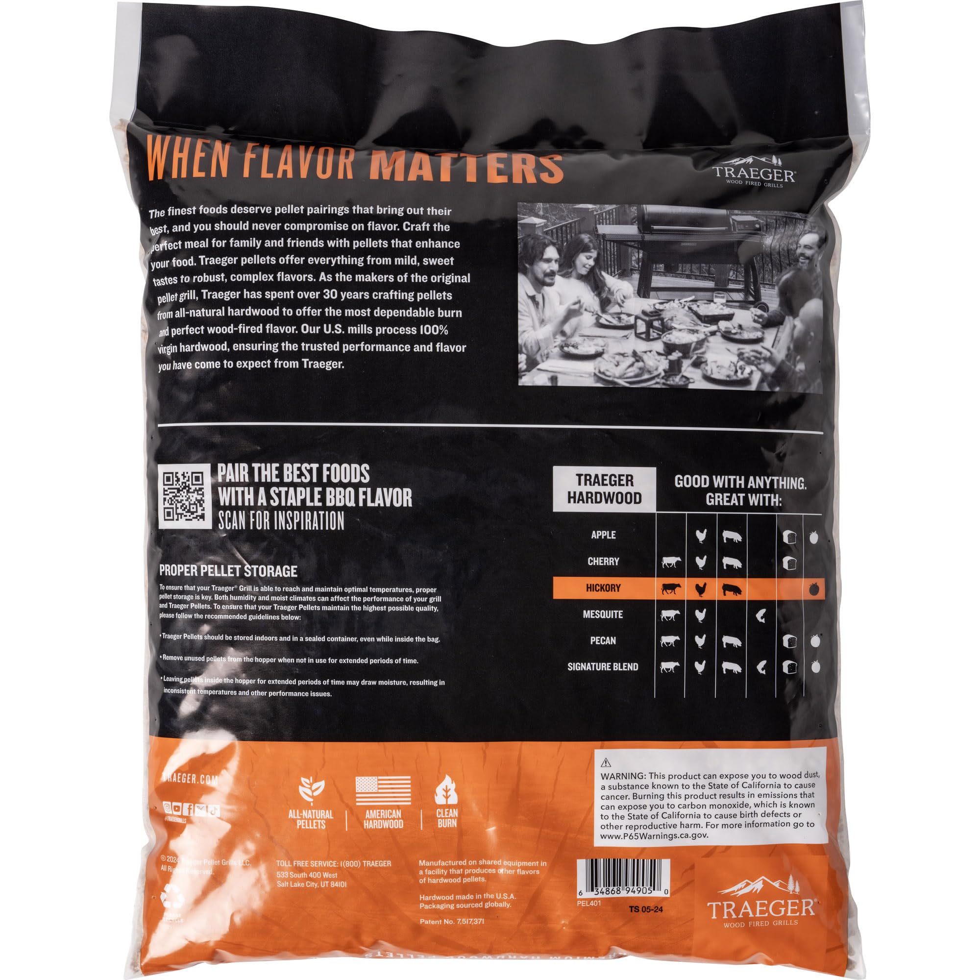Traeger Grills Hickory Granulés de Bois 100% Naturel pour fumoirs et Grills à granulés, Barbecue, Cuisson, rôti et Grill, Sac de 8,2 kg