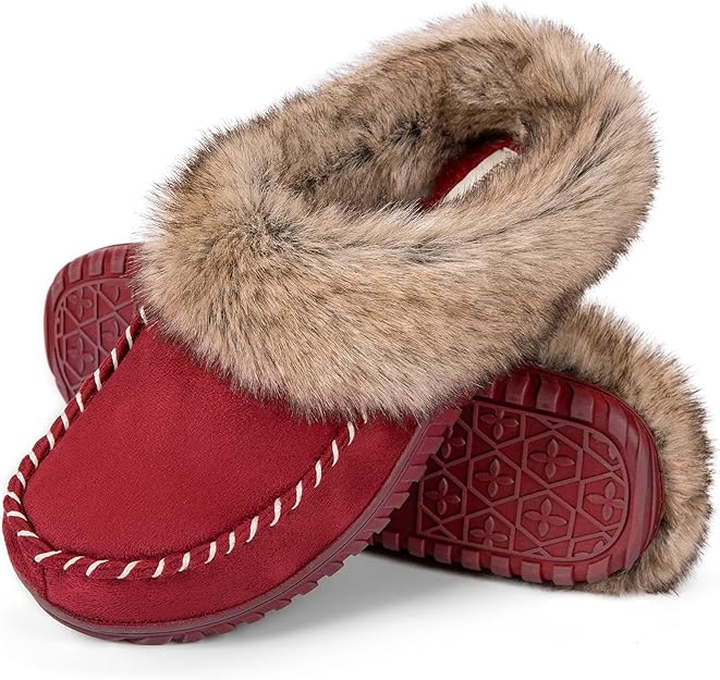 Merrimac Women's Faux Fur Trim Memory Foam Moc Slippers Amazon.co.uk