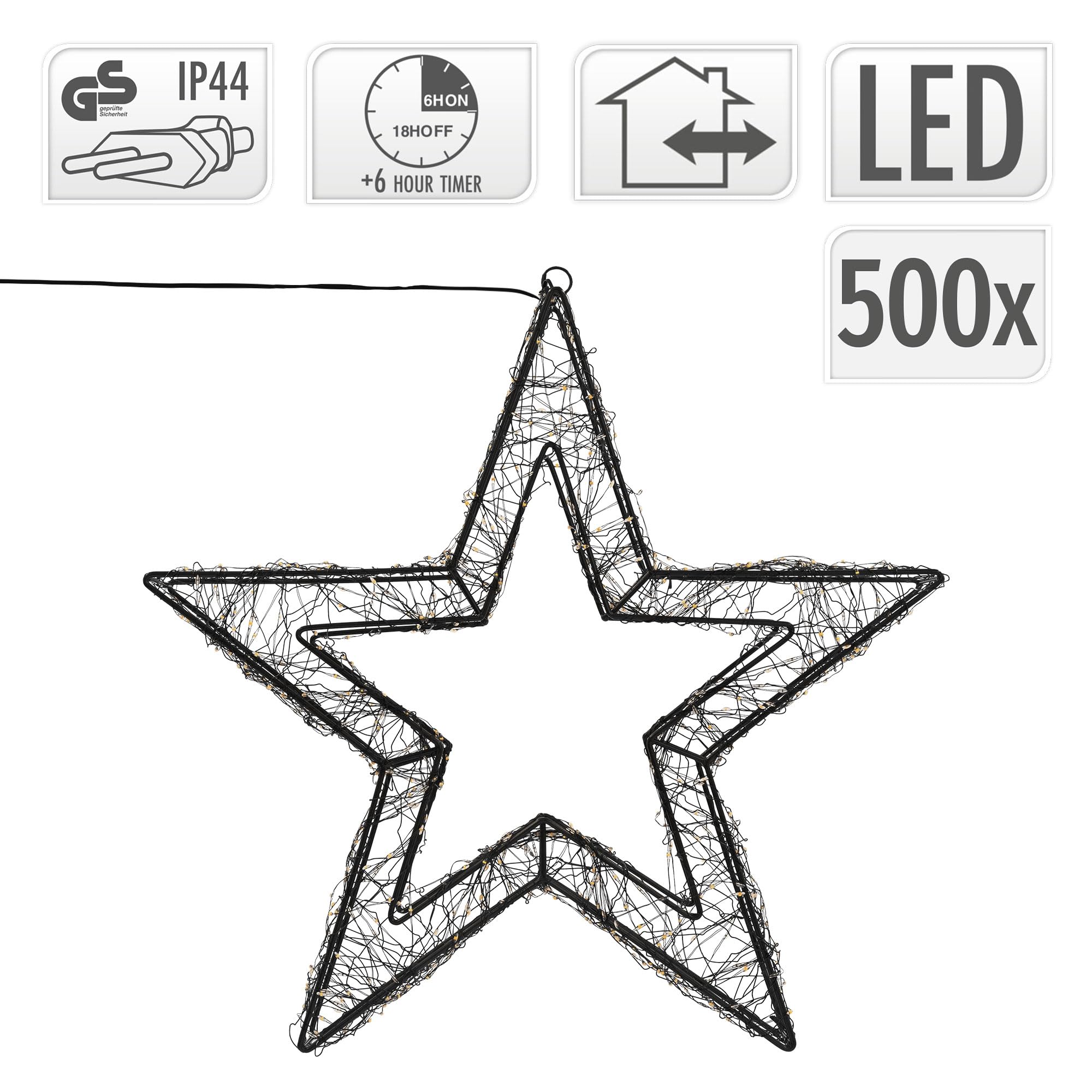 ECD Germany LED-Weihnachtsstern 38 cm, 500 LEDs Extra-Warmweiß, Timer, Innen/Außen, IP44 Wasserdicht, Leuchtstern aus Metall, LED Drahtstern zum Aufhängen für Weihnachten, Weihnachtsdeko Fensterdeko