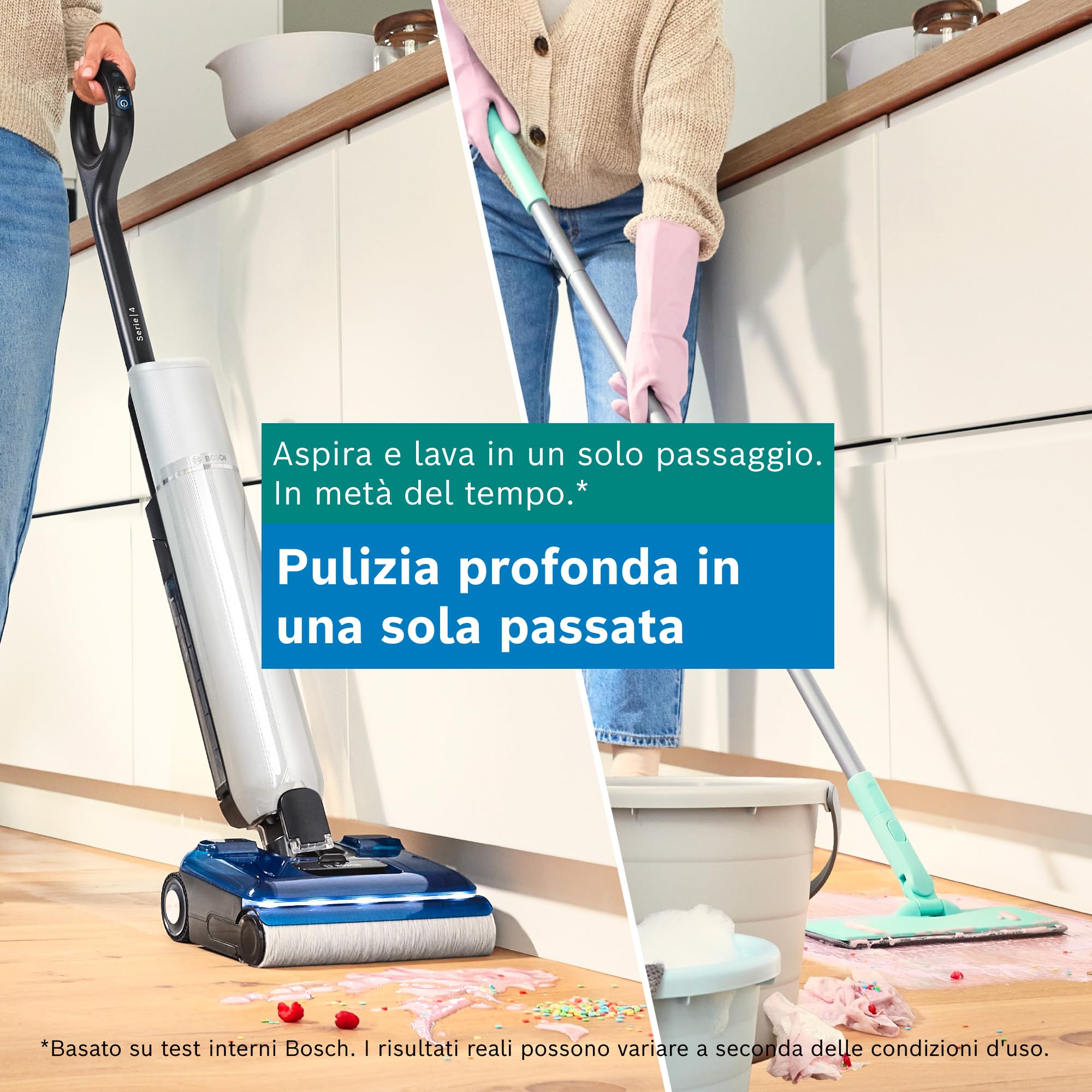 Bosch BHF41WS Aspirapolvere Lavapavimenti Senza Filo, Potente 24kPa, Bianco