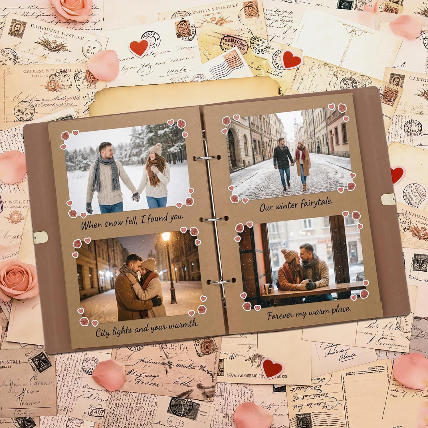 Vienrose Photo Album Scrapbook Kit, 3 Ring Faux Leather Cover DIY Memory Book Kraft Paper with 50 Sheets 100 Pages, Vintage Scrapbooking Supplies Set for Wedding, Anniversary, Valentine Gifts, Brown