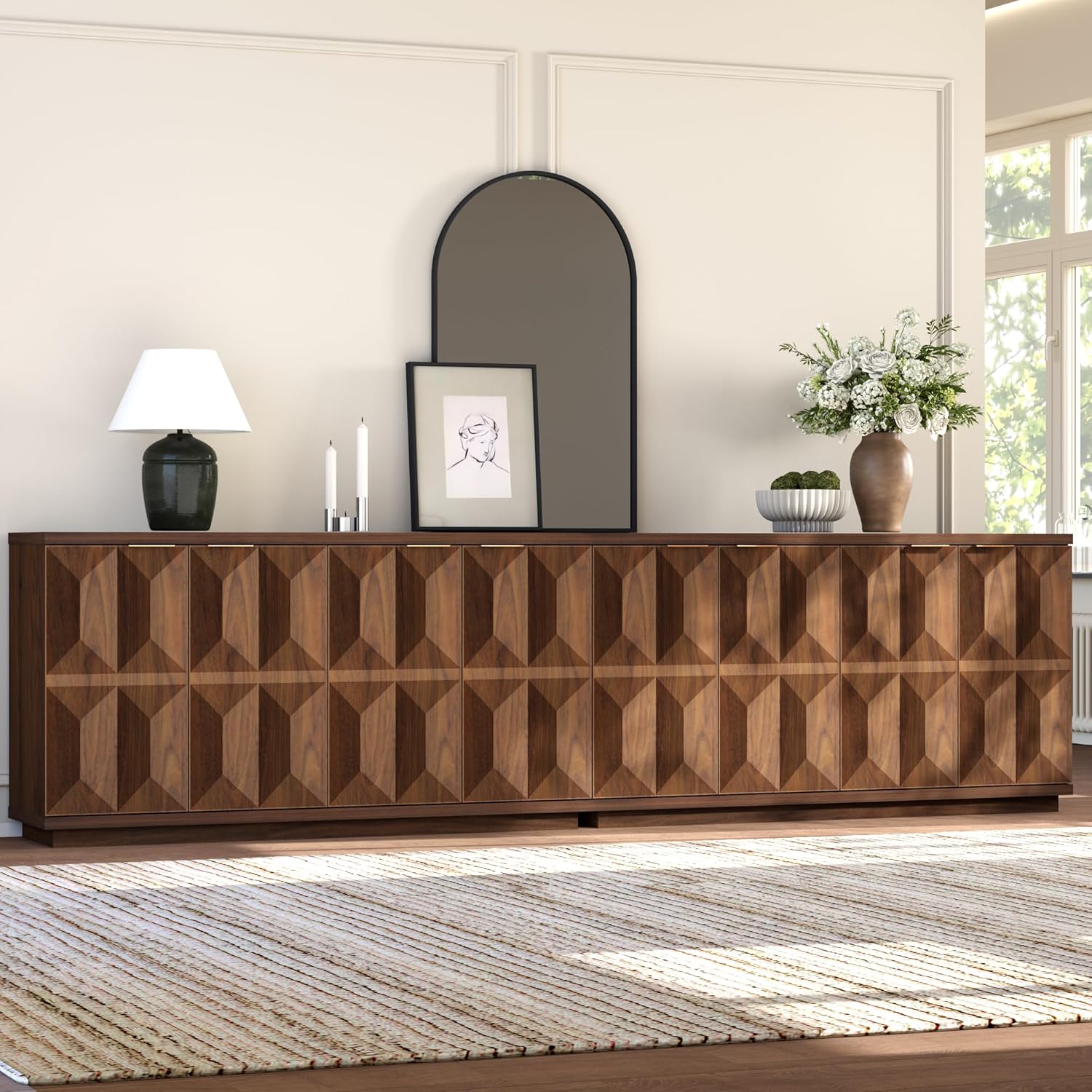 Yechen 118" Walnut Sideboard Buffet Cabinet with Storage, Modern Credenza with 3D Geometric Pattern Doors & Adjustable Shelves, Accent Wood Media Console Table for Living Room, Kitchen/2 Pieces