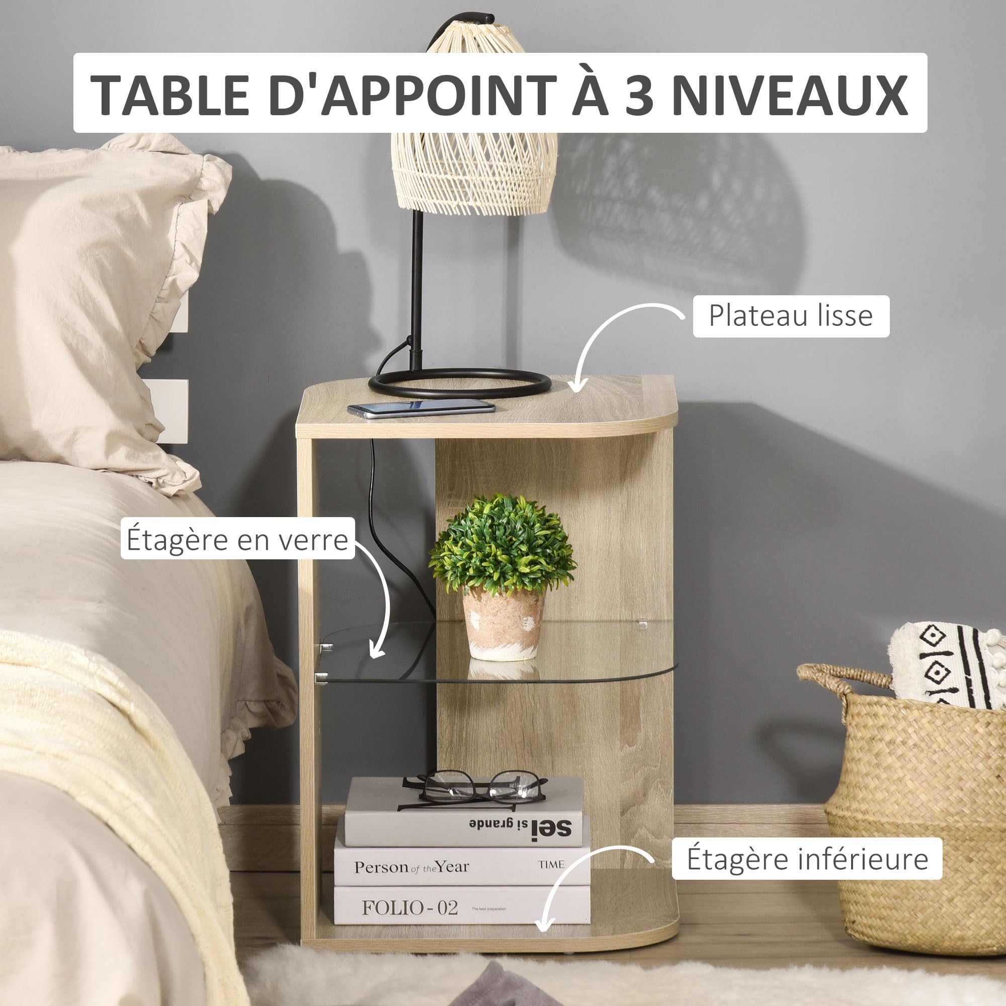 HOMCOM Table d'Appoint Guéridon Design Contemporain Étagère Bois Naturel