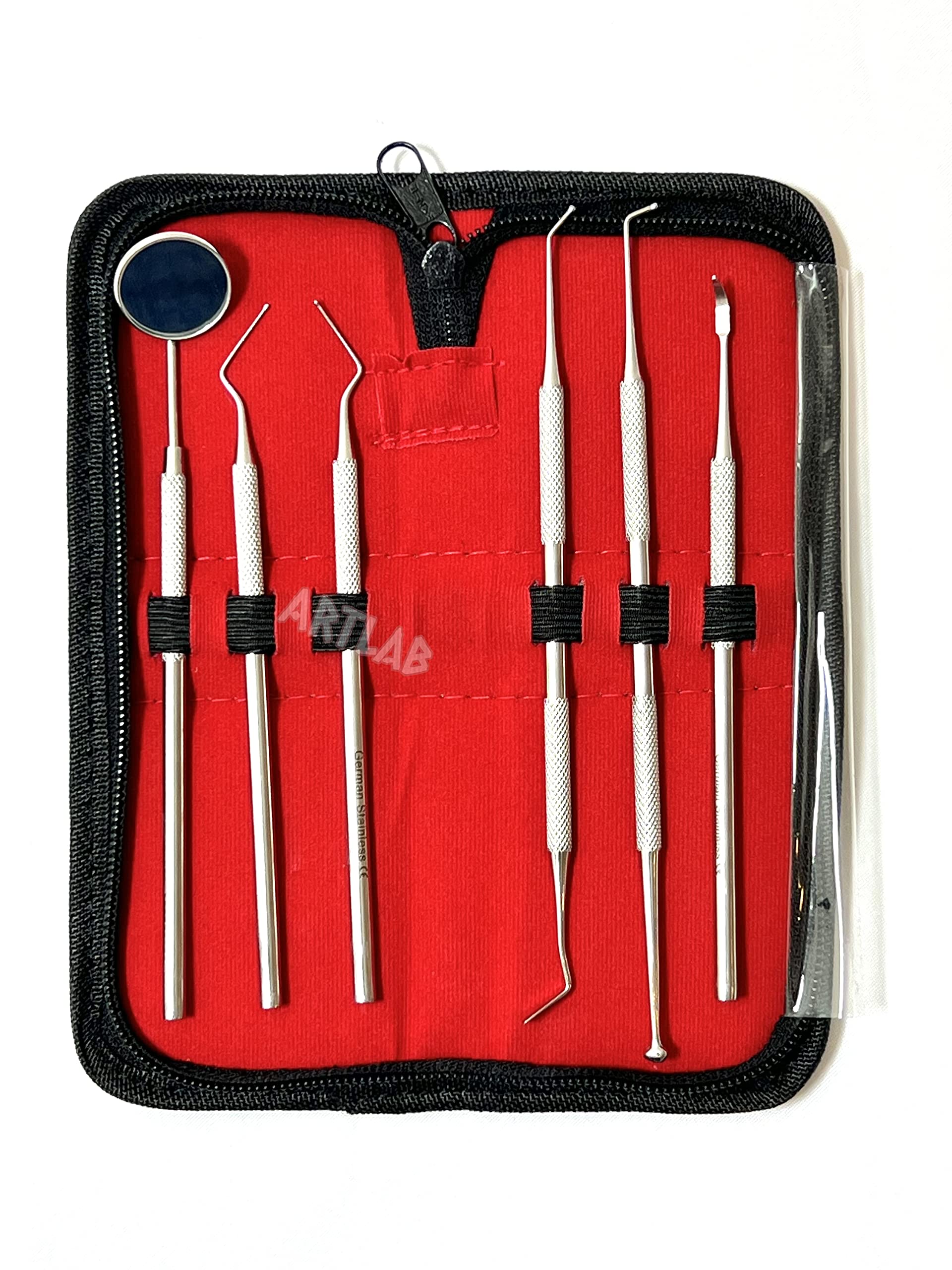 German Professional Dental Hygiene Kit-Calculus & Plaque Remover Set-Tarter Scraper,Tooth Pick,Dental Scaler And Mouth Mirror Instruments-Plaque Remover for Teeth (DENTAL TOOL SET OF 6 IN POUCH)