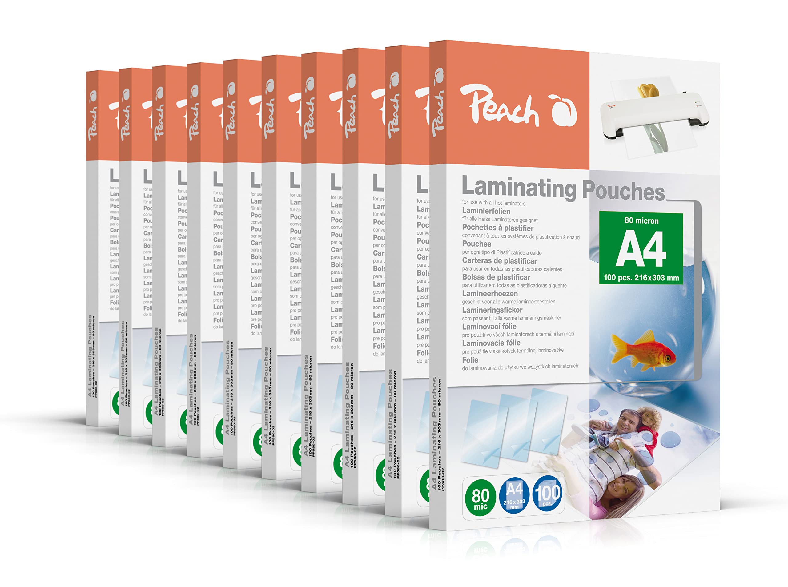 Peach Laminating Pouches A4 – 80 mic – 10 x 100 Pouches – Glossy – Premium Quality for Best Laminating Results – Compatible with Devices of All Brand Manufacturers – PP580-0210A — image 1