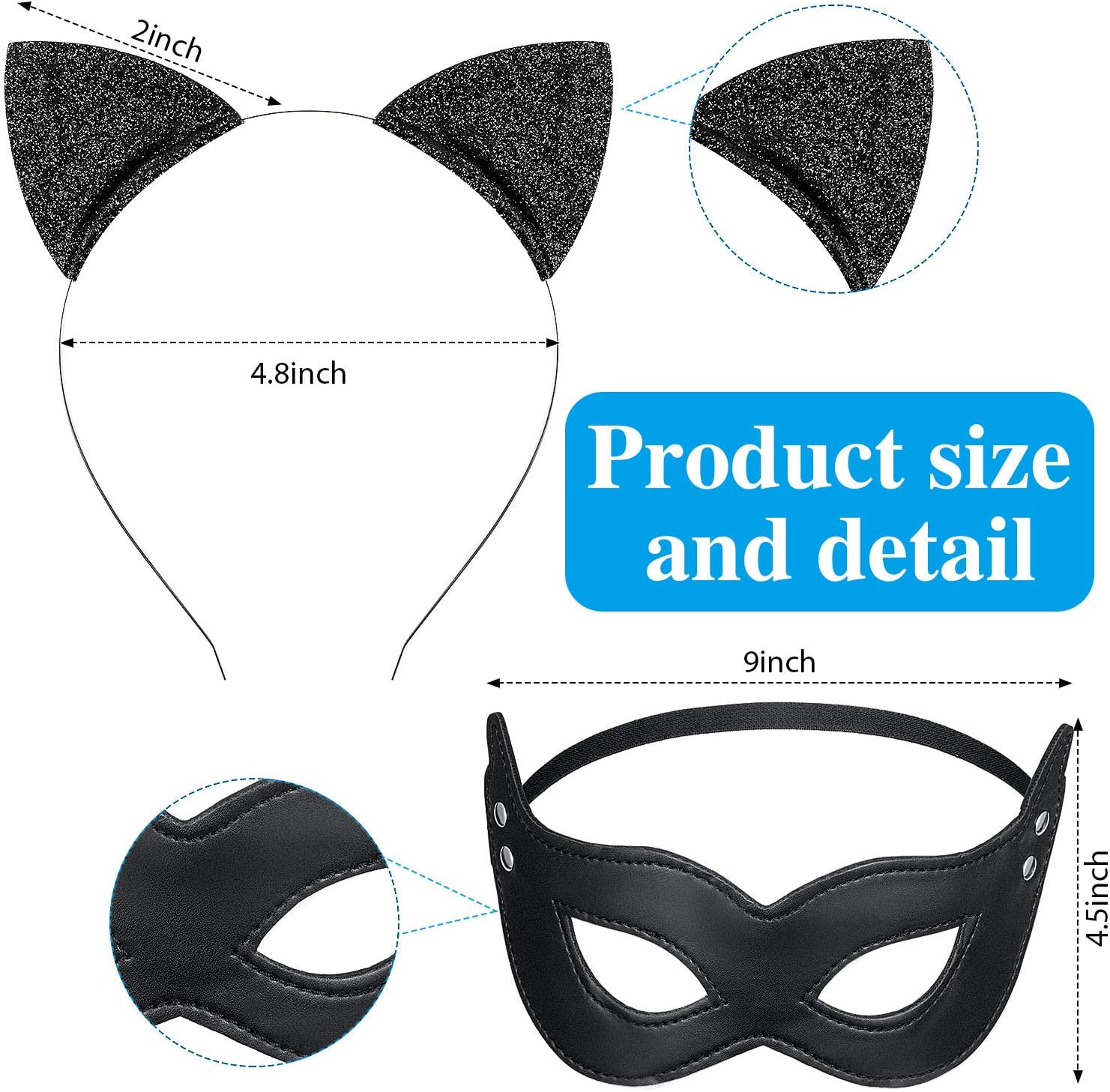 Sumind 4 Pieces Cat Costume Set, Long Fur Cat Tail Cosplay Set Halloween Fancy Dress Costume, Ears Headband Tail, Bow, Harlequin Mask for Valentine's Day Dress up Halloween Party - Image 2