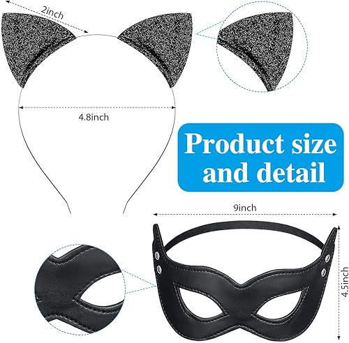 Miniatura 2 de Sumind Juego de disfraz de gato de 4 piezas, cola de gato larga de piel, disfraz de Halloween, diadema de orejas, cola, lazo, máscara de arlequín