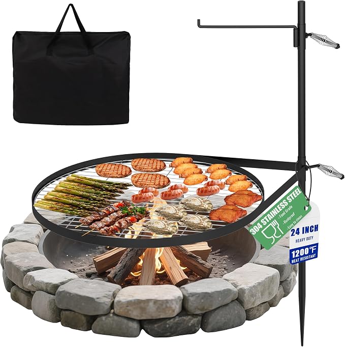 24" Fire Pit Grill w/304 Stainless Steel Grate, Portable Carry