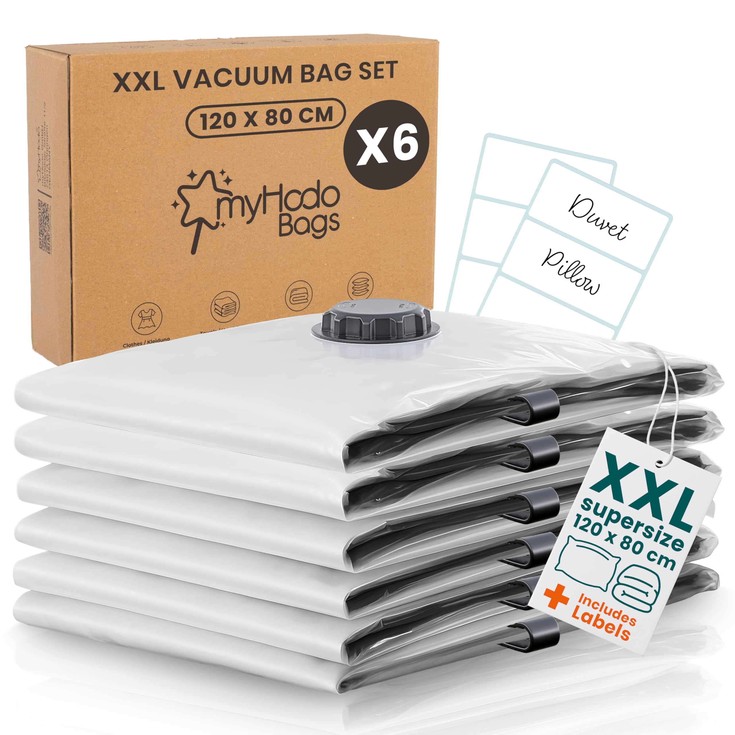 myHodo XXL Vacuum Storage Bags (6 Pack, 80x120 cm) – Extra Large Space Saver Sacs for Bulky Textiles like Duvets, Bedding, Linen & Blankets, Vac Pack for Use with a Hoover, Durable Double Zip Seal