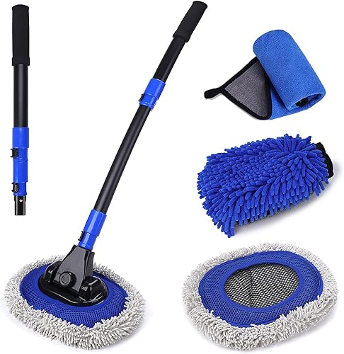 Miniatura 1 de Cepillo de lavado de autos con mango largo  Diseño de poste curvado de 15 grados  Cabezal de cepillo de microfibra  Longitud ajustable  Amplias