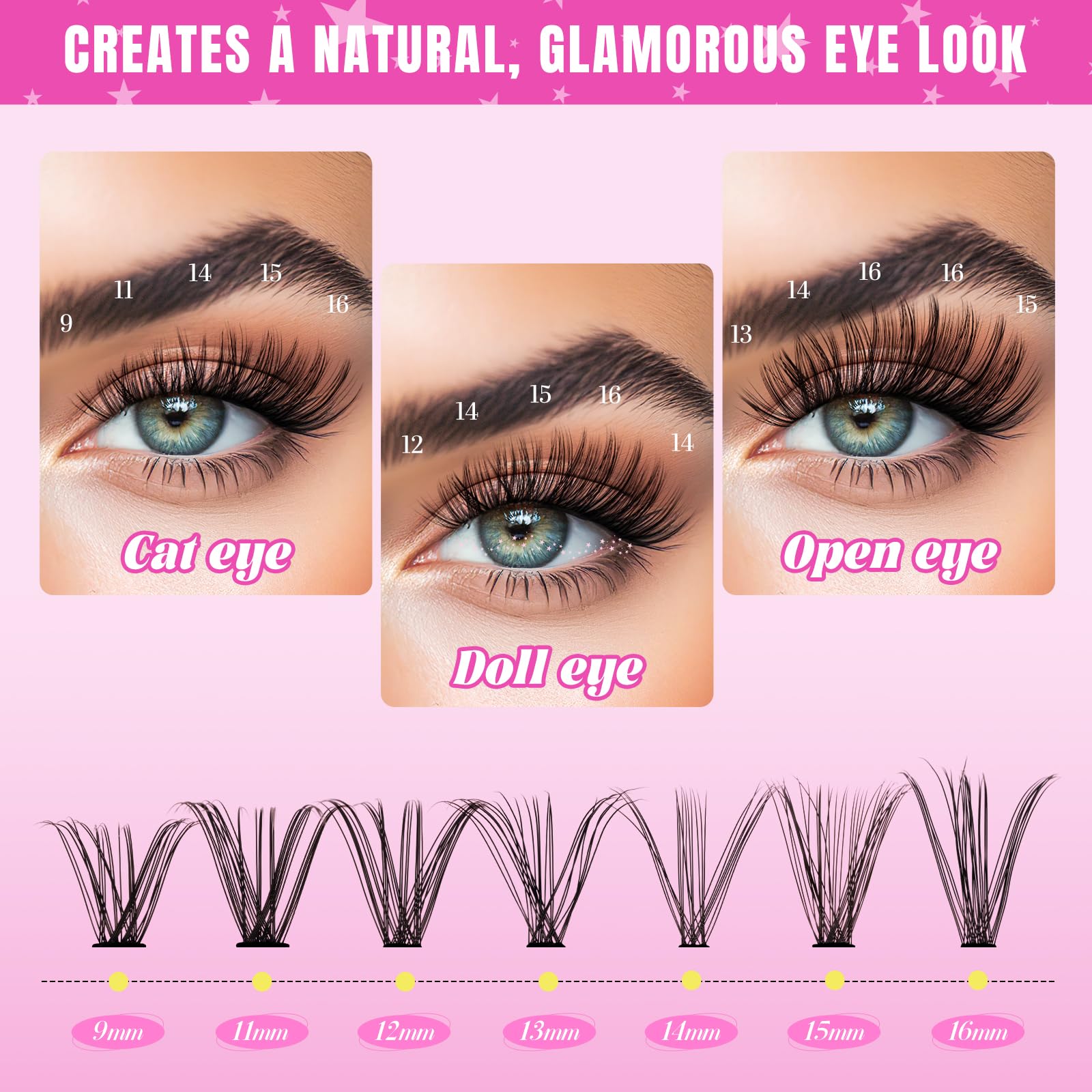 Lash Clusters Kit 280 Pcs DIY Individual Cluster Lashes D Curl Lash Extension Kit with Eyelash Bond and Seal, Remover, Tweezers Applicator Tool for False Eyelash Cluster Kit(50D, Mix9-16mm Kit)