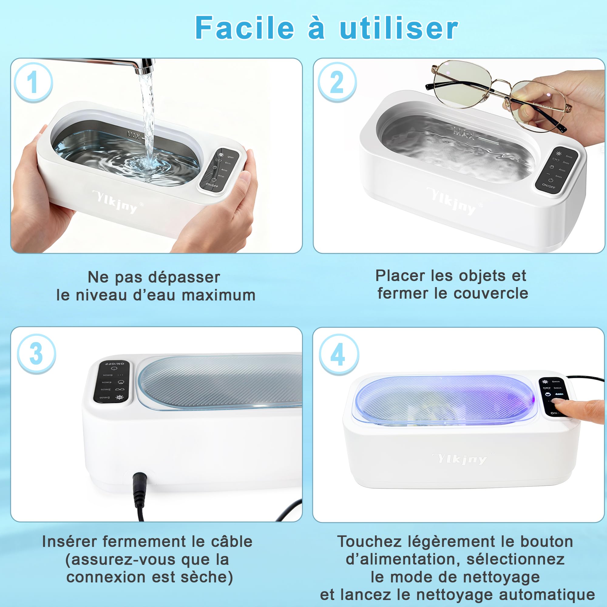 Nettoyeur Ultrasons 55KHz, Ultrasonic Cleaner 350ml, Bac a Ultrason 4 Modes, Nettoyeur Ultrasons Lunettes avec Lampe UV, Adapté pour Colliers, Bijoux, Prothèses Dentaires et Outils Cosmétiques