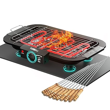 TOMdoxx 2000W Electric Smokeless Portable Adjustable Temperature Control Indoor and Outdoor barbeque grill set for home Removable Water Filled Drip Tray With 12 Skewers ( Pack of 1 -Black)