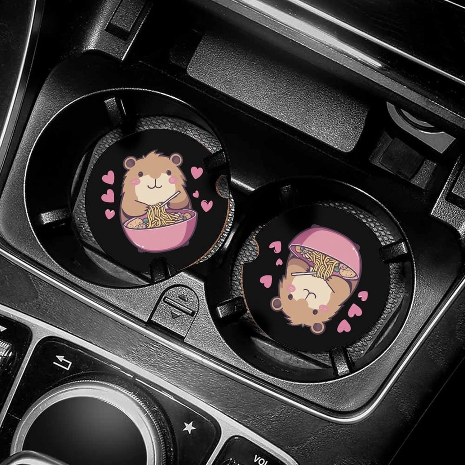 Hamster Eating Ramen Noodles Car Cup Holder Coaster with Cork Base 2.6 Inches Anti Slip