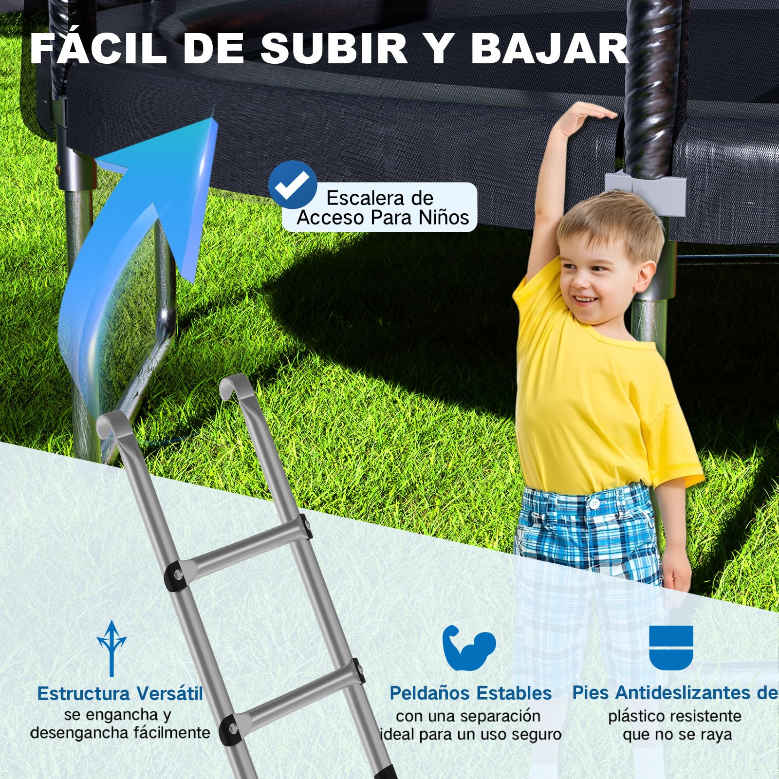 Devoko Cama Elástica Exterior para Niños Ø 183/228/305/366/427 cm, Trampolines para Niños con Malla de Zapatos, Escalera, Red de Seguridad, Capacidad de Carga 50-150 kg