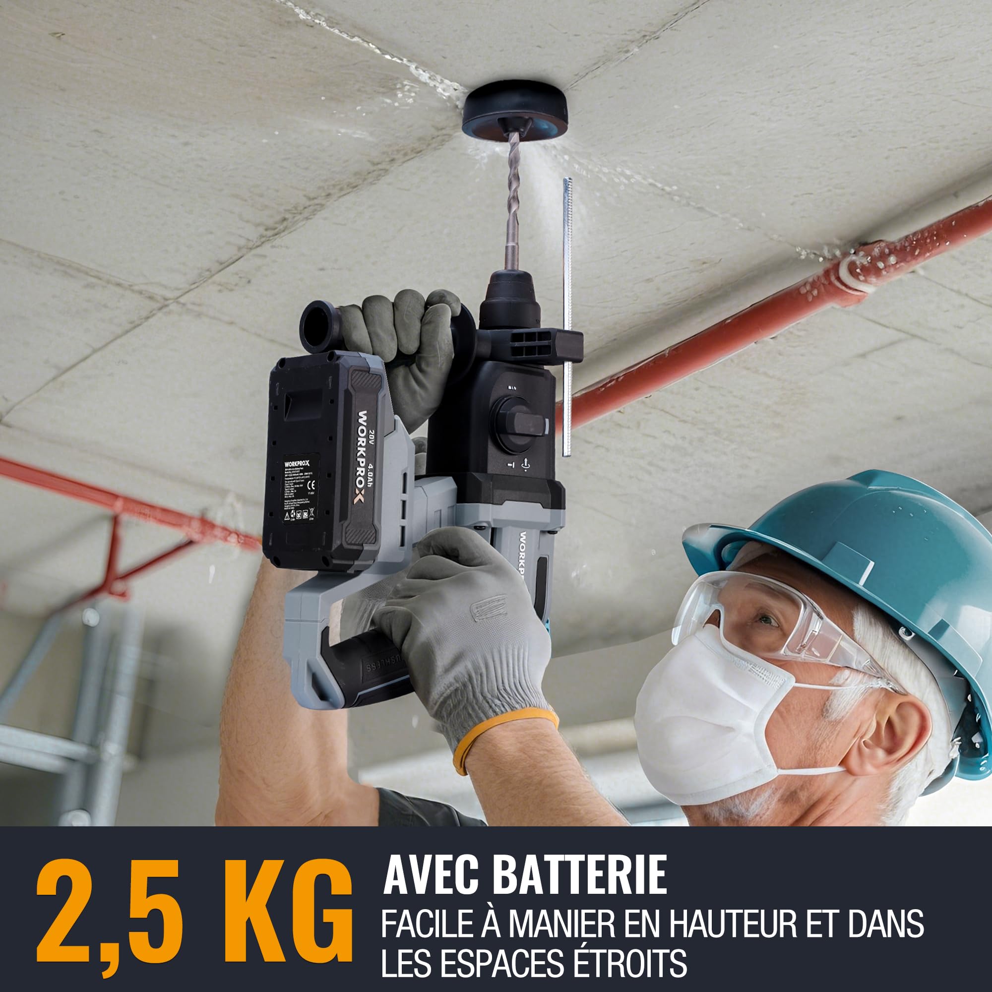 WORKPROX Marteau Perforateur sans Fil 20V | Perceuse à Percussion SDS-Plus, 4 Fonctions Polyvalentes pour Perçage et Burinage