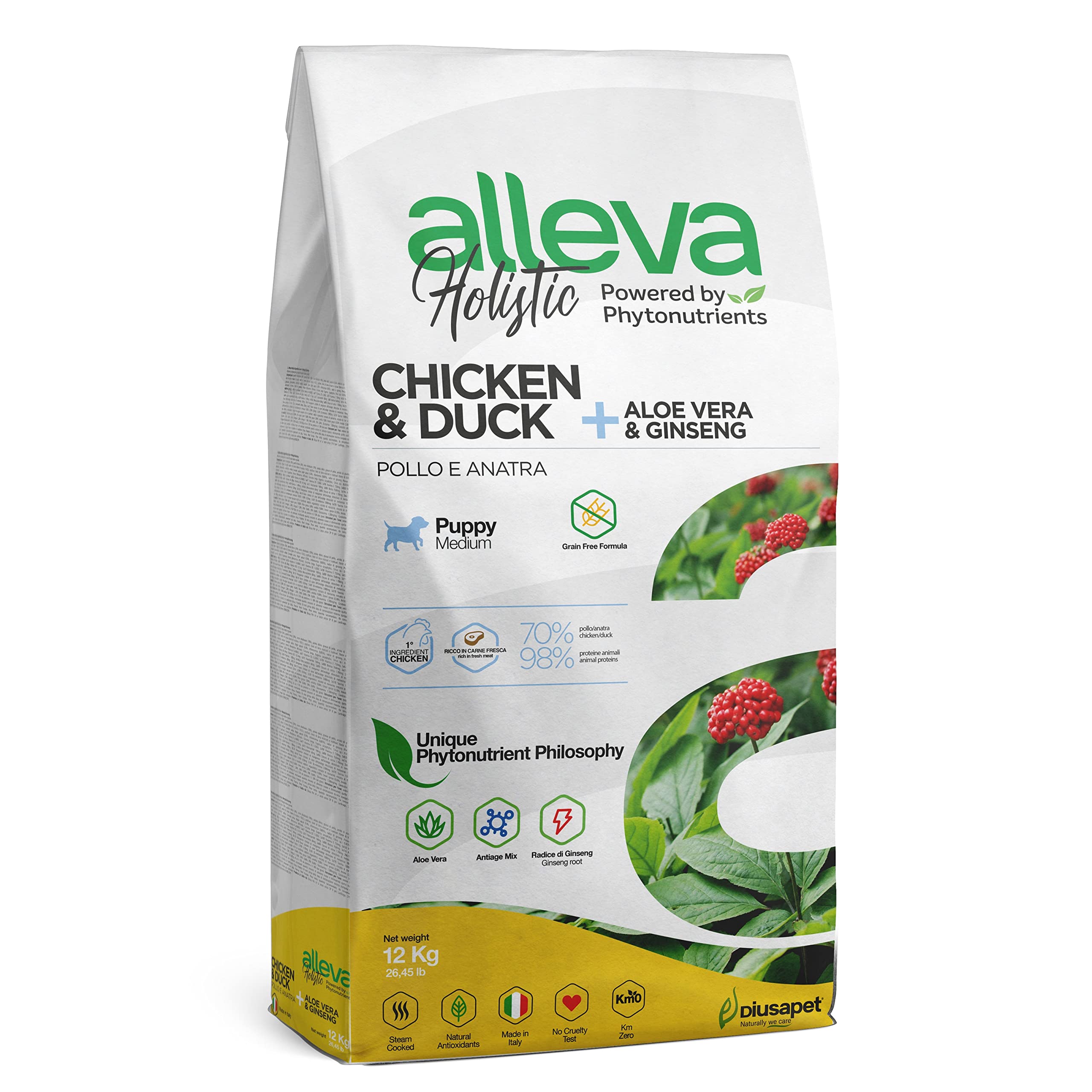 Alleva - Alleva Holistic Cachorros Razas Medianas Pollo & Pato + Aloe Vera & Ginseng - P-AH-00708-12 Kg