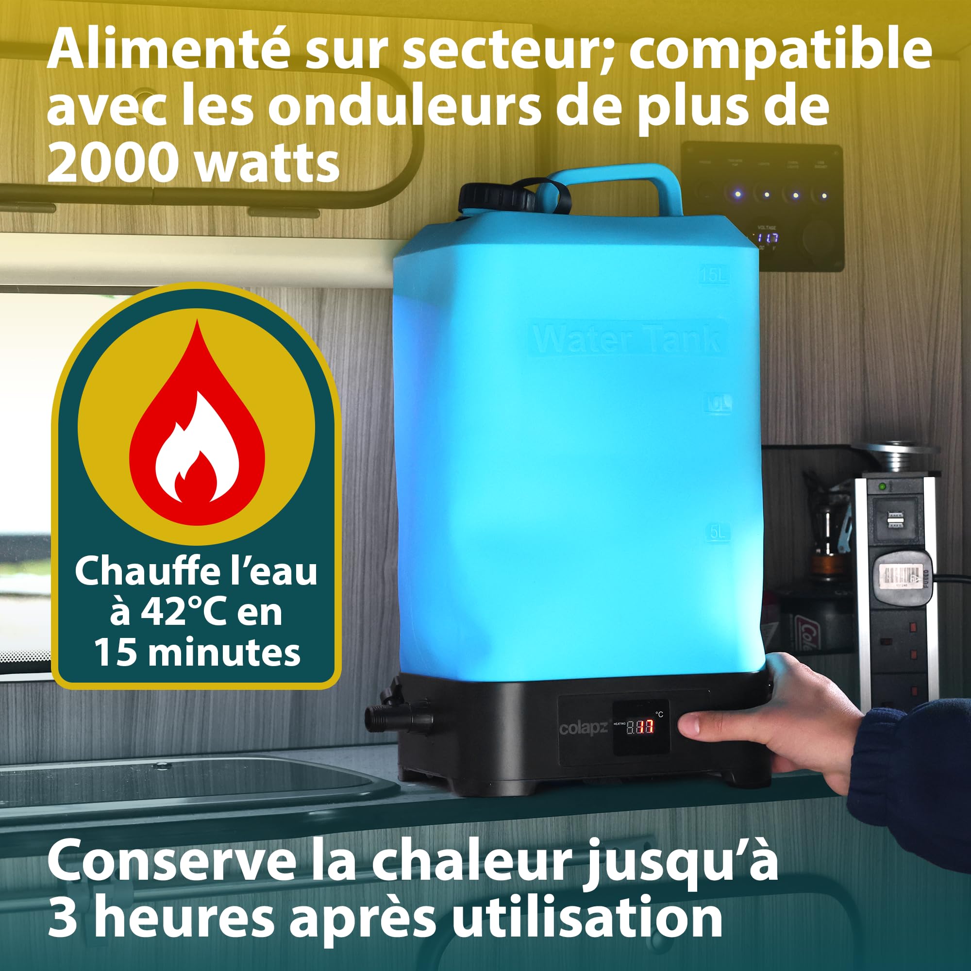 Colapz Douche Camping Électrique Portable avec Batterie & Réservoir 15L – Douche Extérieure Chauffante Jusqu’à 42 °C – Douche Mobile pour Camping-Car, Van, Voyage, Festival, Randonnée & Jardin
