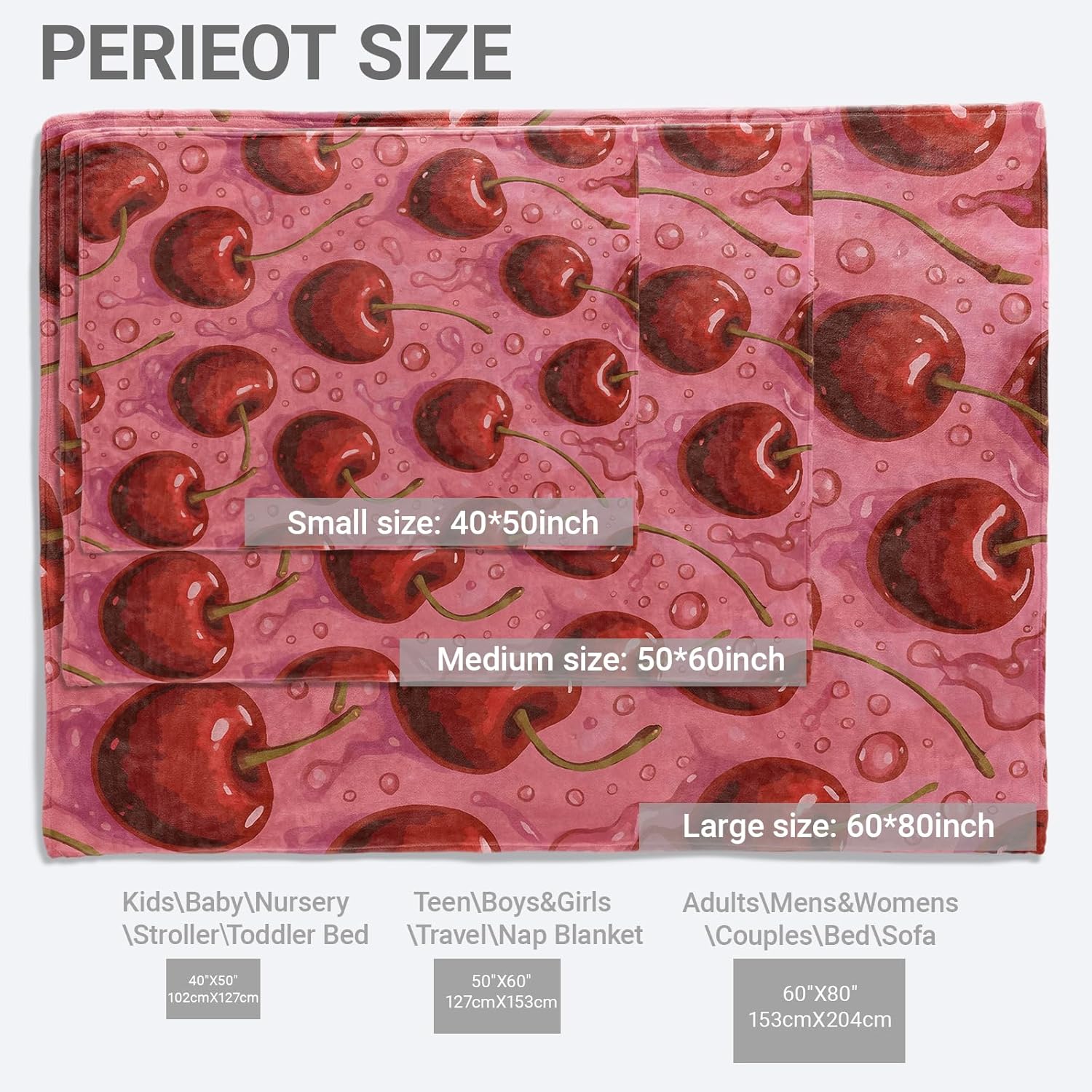 Cherry Lightweight Throw Blanket, Realistic Fruit with Juicy Waterdrop Design, Warm Soft Cozy Flannel Blankets, Couch Bed Home Decor All Season Use, 60x50in, Pink, Gifts for Women Girls