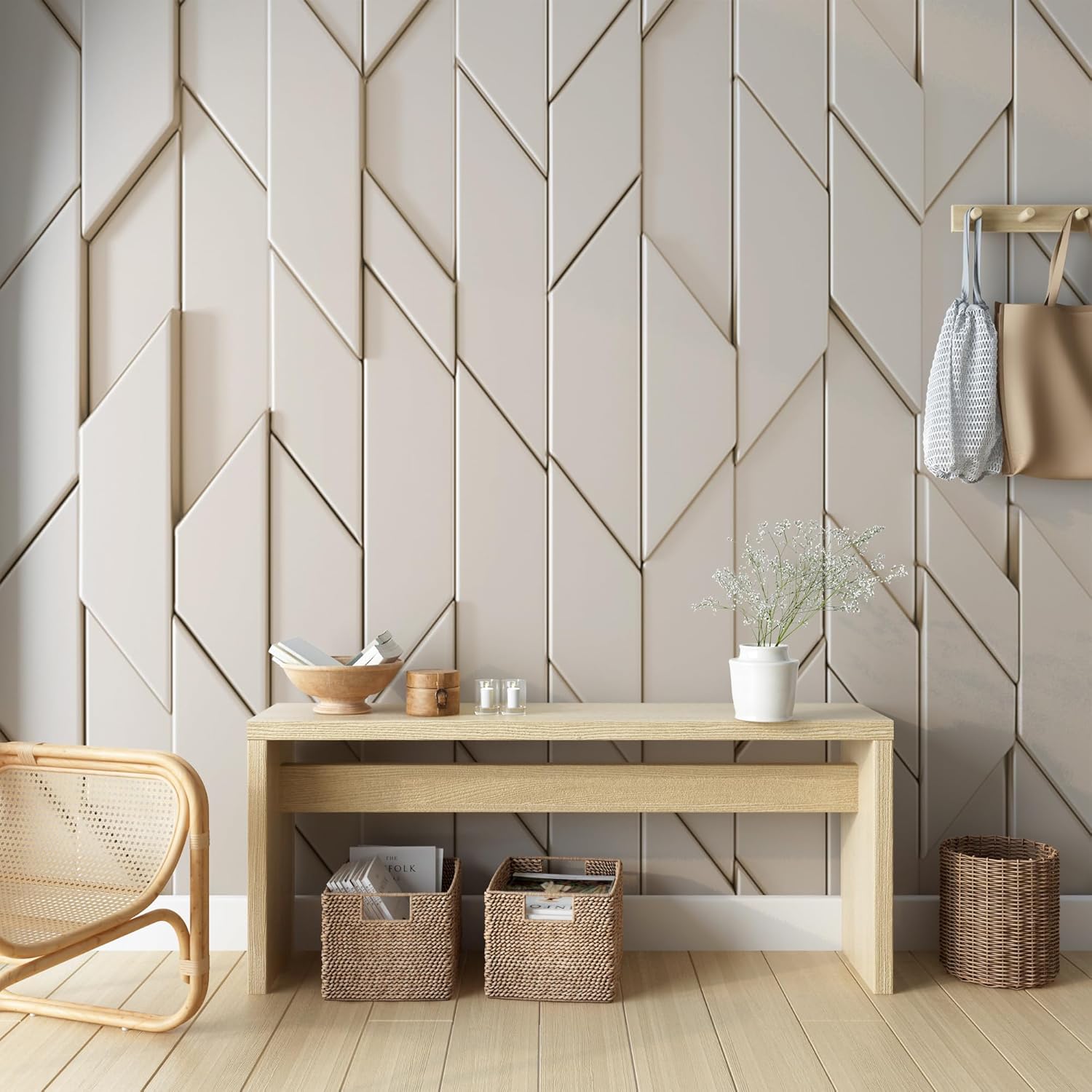 3D Geometric Tile Wallpaper Cream Beige Light Wallpaper Peel and Stick - Self Adhesive Wall Mural for Bedroom Living Room Home
