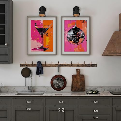 Miniatura 4 de Eastern Print Juego de 4 arte abstracto de pared de disco, póster retro de vinilo y bola de discoteca, decoración de pared rosa y naranja para el