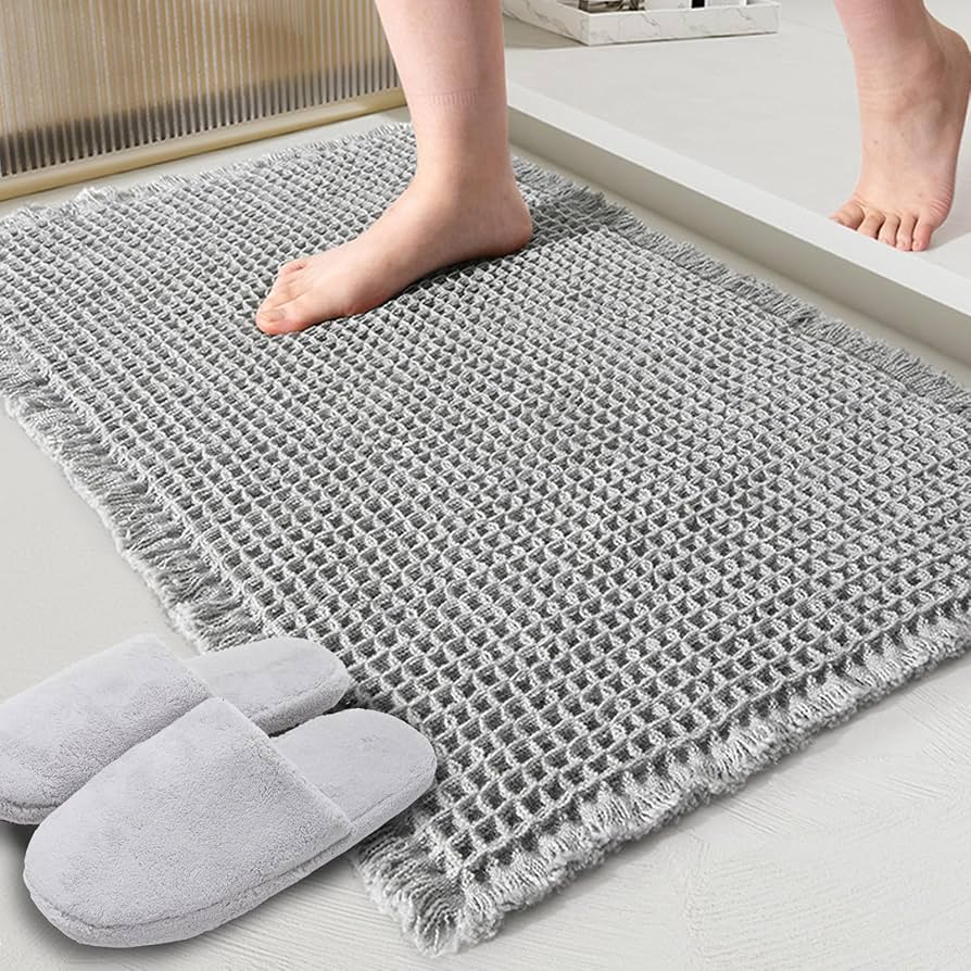 ZALL Grey Waffle Bath Mat,Super Absorbent Non Slip Bathroom Rug,Gray 24x36inch,Machine Washable Ultra Soft Floor Mats
