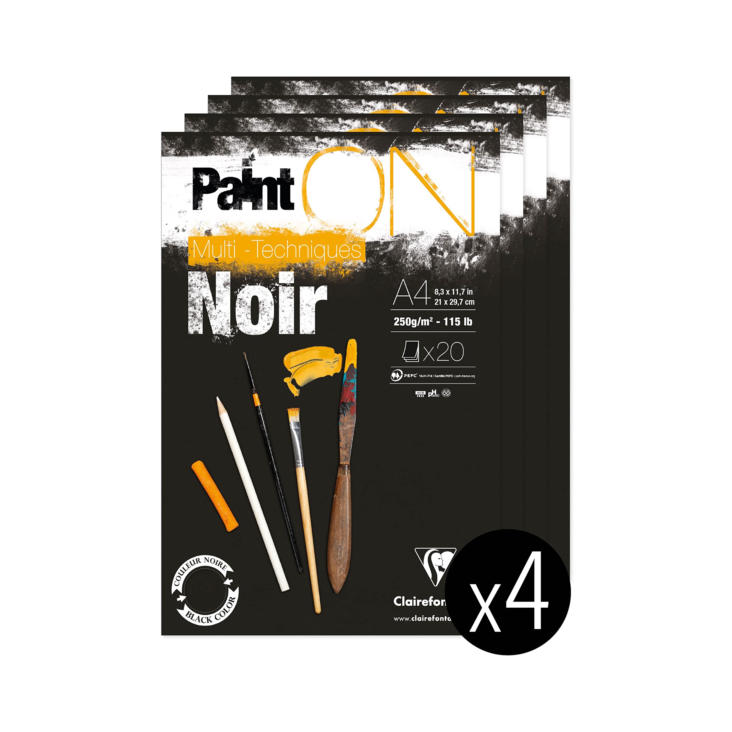 Clairefontaine 975169C - Packung mit 4 Blöcken Paint´ON Noir, DIN A4, kopfseitig geleimt, 20 Blatt, 250g, schwarz, 4 Stück