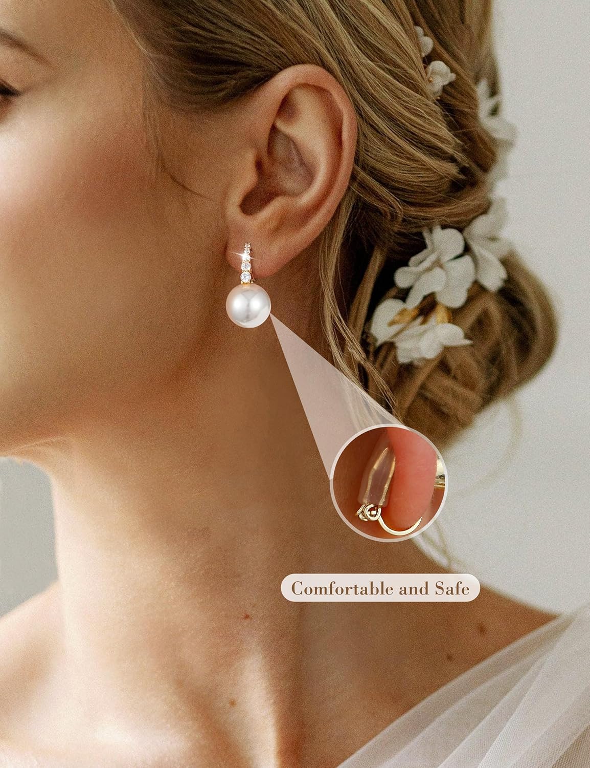 Pearl Clip on Earrings for Women - 14K Gold Plated Hypoallergenic Pearl Earrings for Women - CZ Dangle Earrings Elegant Jewelry for Wedding Bridal Gifts - Image 2