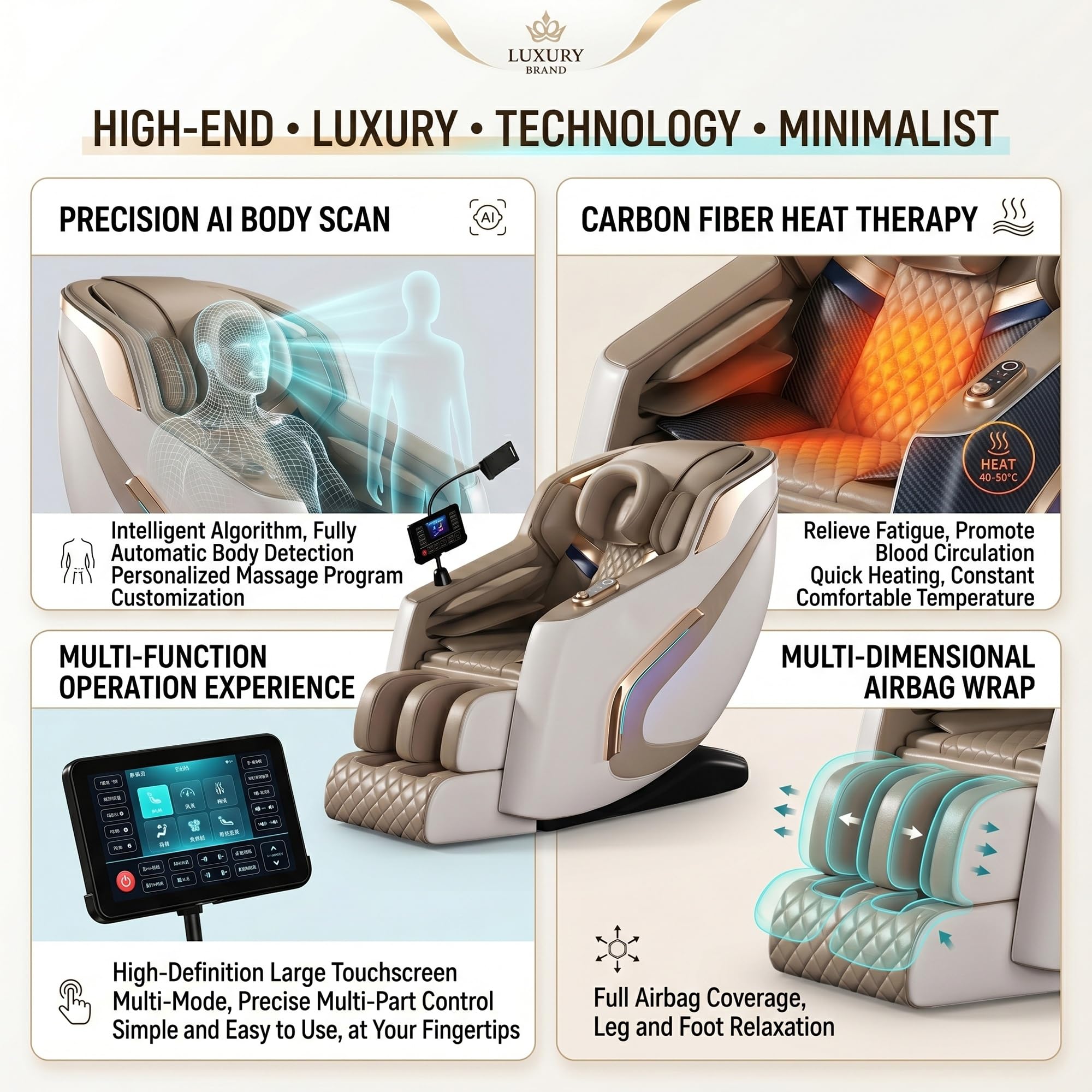 Sillón de Masaje Eléctrico, Carril SL Gravedad Cero con Escaneo Corporal IA, Calefacción, Airbags 360°, Pantalla LCD Táctil, Bluetooth, Sin Montaje(Beige)