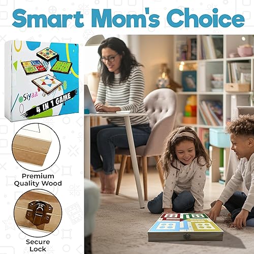 Miniatura 6 de Juego de mesa de madera 4 en 1 de doble cara  Disco de cabestrillo rápido, Ludo, Tic Tac Toe y damas chinas  Juegos de mesa familiares clásicos para