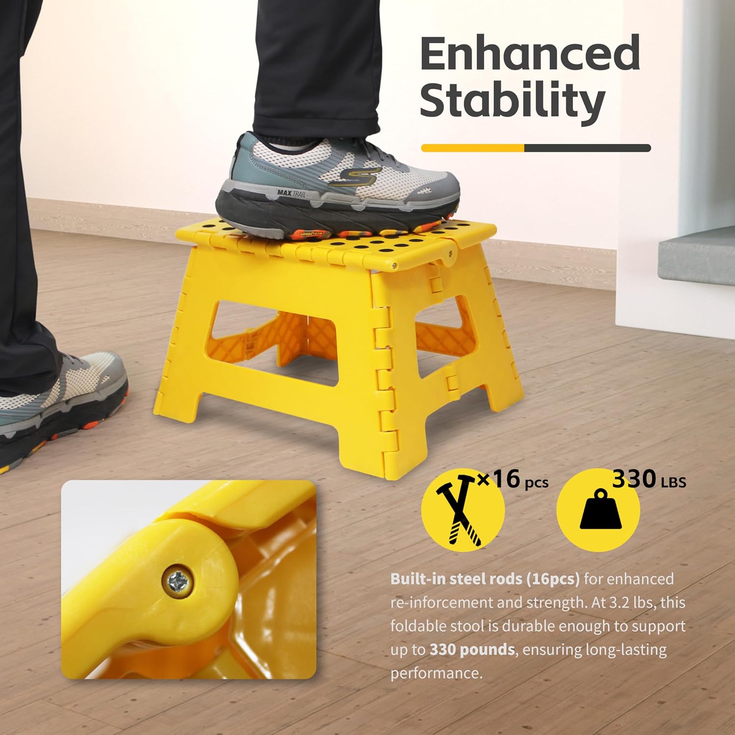MaxWorks 50969 Folding Step Stool - 9" Height, 330 lbs Capacity - 16 Steel Rods for Enhanced Strength - Lightweight, Durable Plastic Stool for Kitchen, Bathroom, Living Room - Yellow