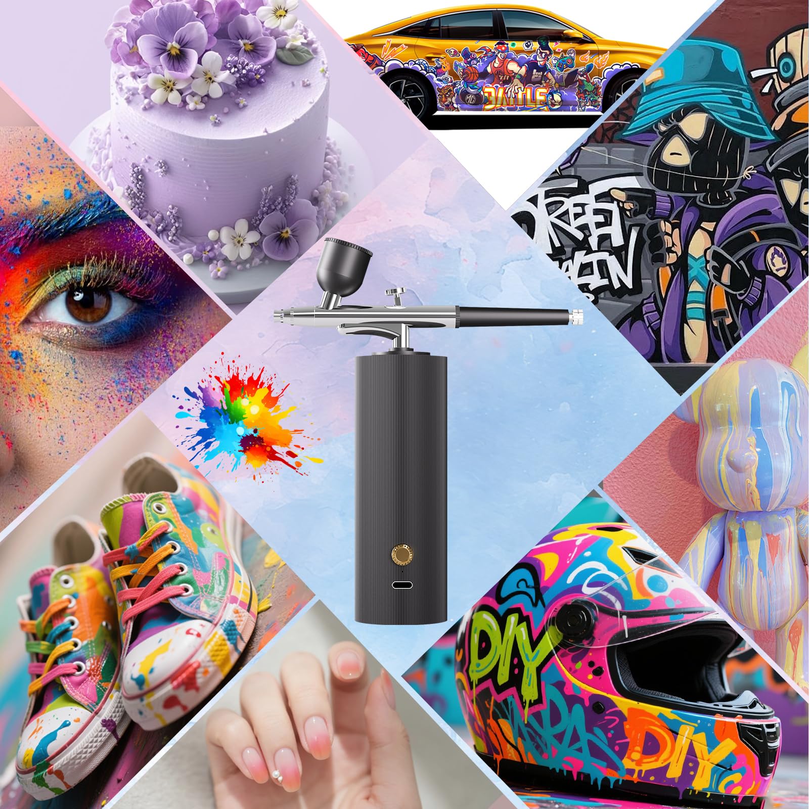 OBEST Juego de aerógrafo con compresor, tipo C recargable, juego de aerógrafo de alta presión con boquilla de 0,3 mm y juego de cepillos de limpieza para graffiti, pintura, arte de uñas, maquillaje