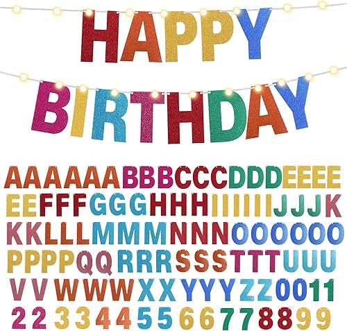 TaoBary Kit de 112 pancartas personalizables con purpurina, incluye 107 letras y números, 3 cuerdas y 2 luces decorativas para fiesta de cumpleaños,