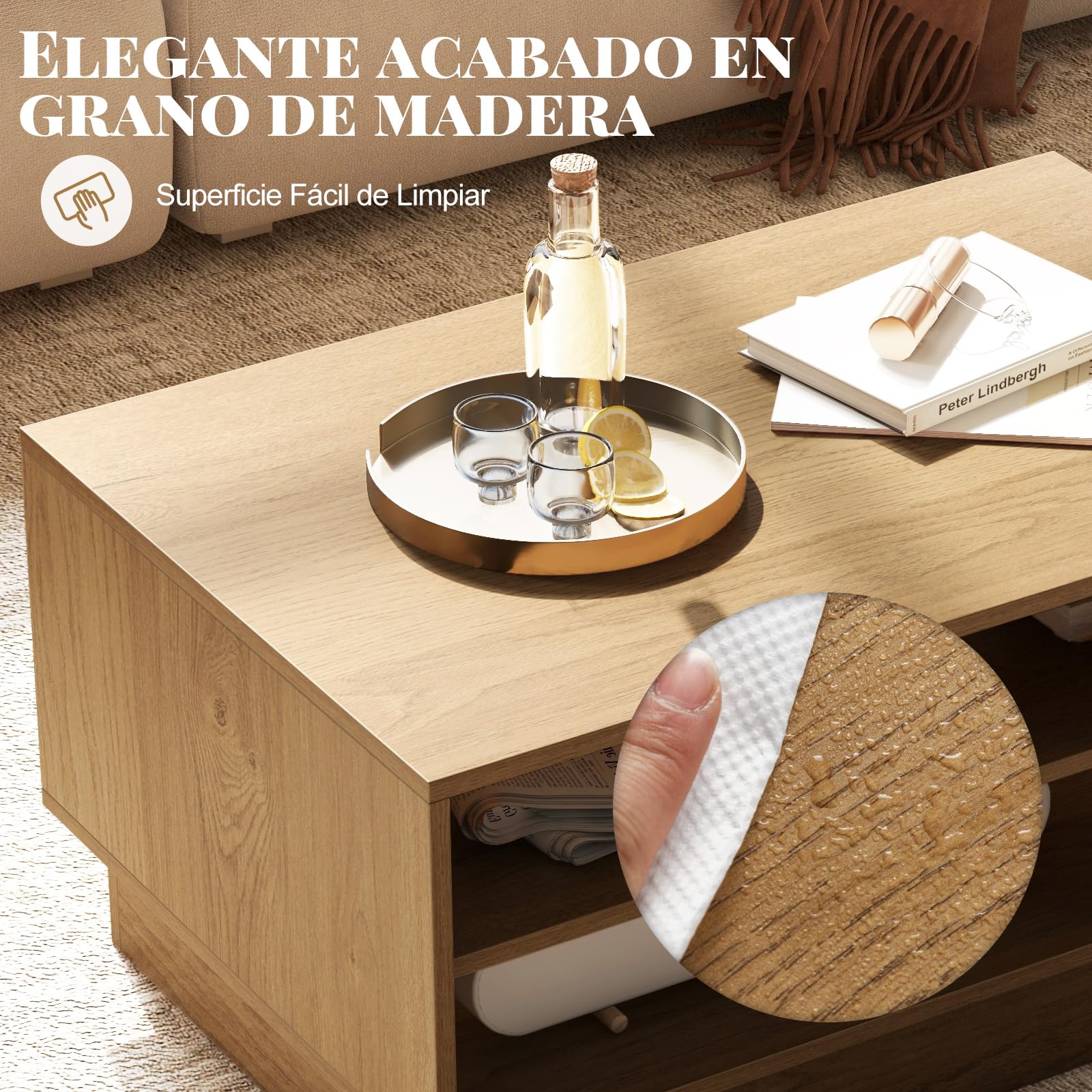 COSTWAY Mesa de Centro Moderna, Mesa Rectangular con 2 Estantes Abiertos, Mesa Auxiliar para Salon, Sala de Recepción, Sala de Espera, 86 x 56 x 41 cm (Natural)