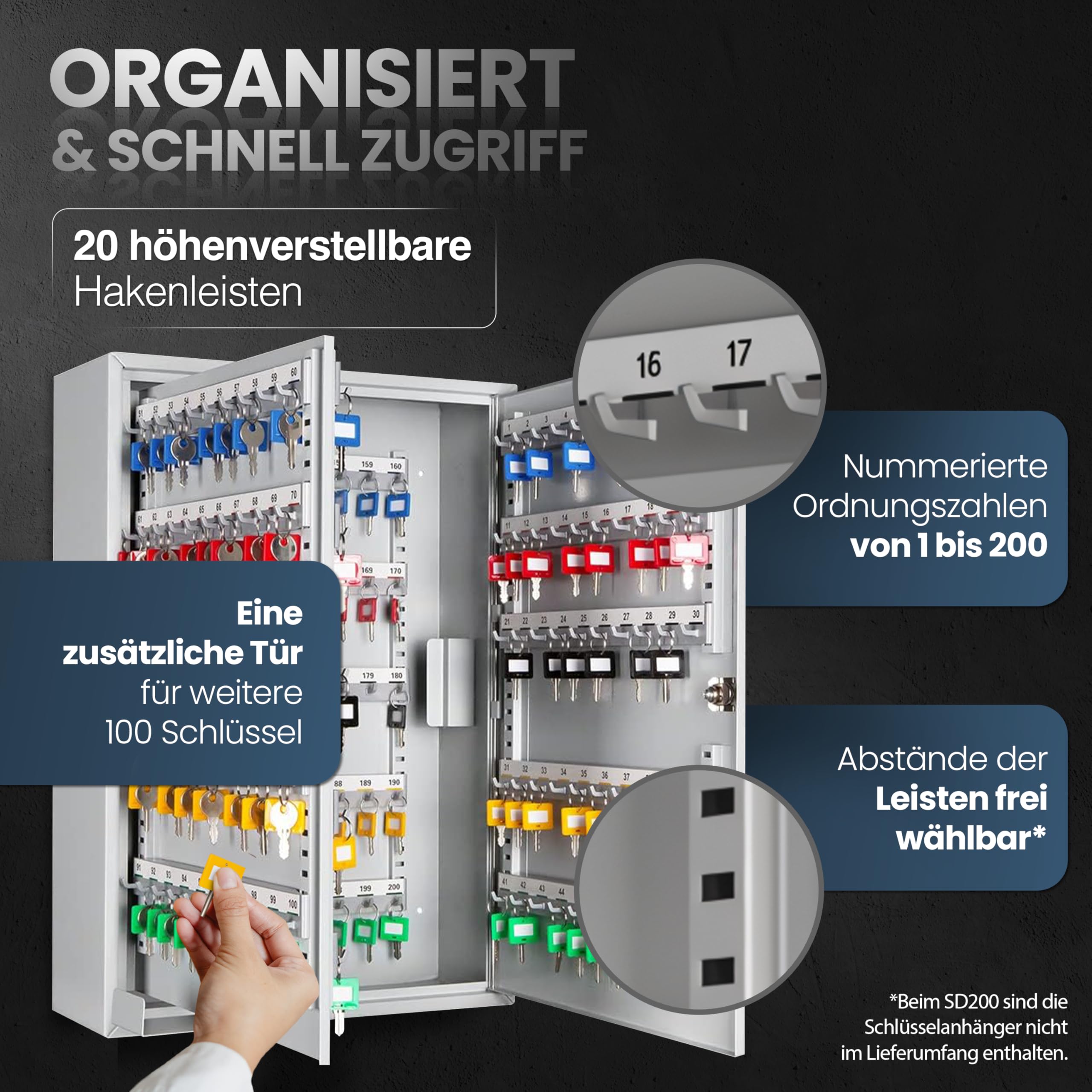 Schlüsselkasten SD200 – Schlüsselschrank mit 200 Haken, robuste Schlüsselbox aus Stahl, abschließbarer Safe, magnetische Außenseite, höhenverstellbare Leisten, Wandmontage (55x38x14cm)