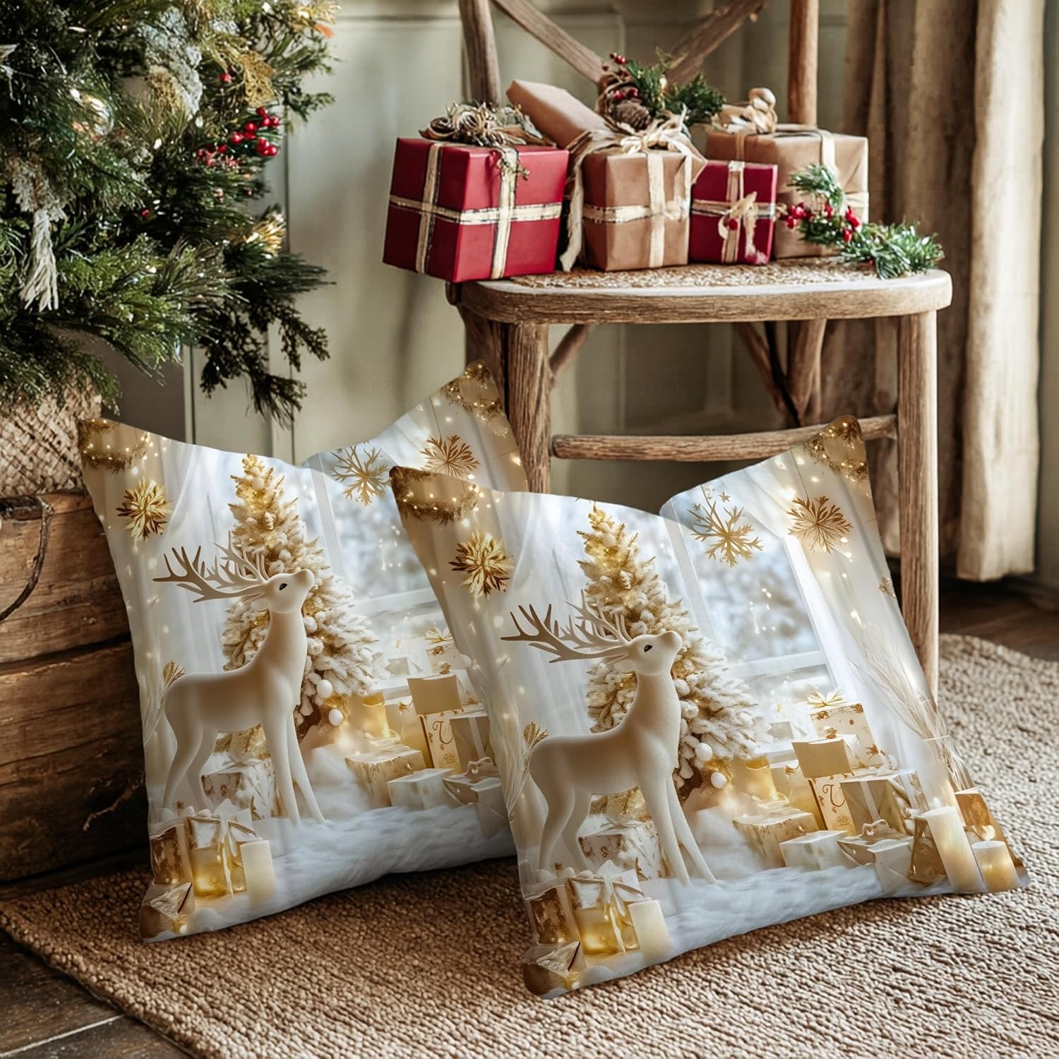 Reindeer Throw Pillow Covers Set of 2, Winter Festive Christmas Tree Snowflakes Christmas Gold Soft Velvet Washable Pattern Pillow Covers for Living Room Apartment Bed Sofa Decor 24x24 Inch