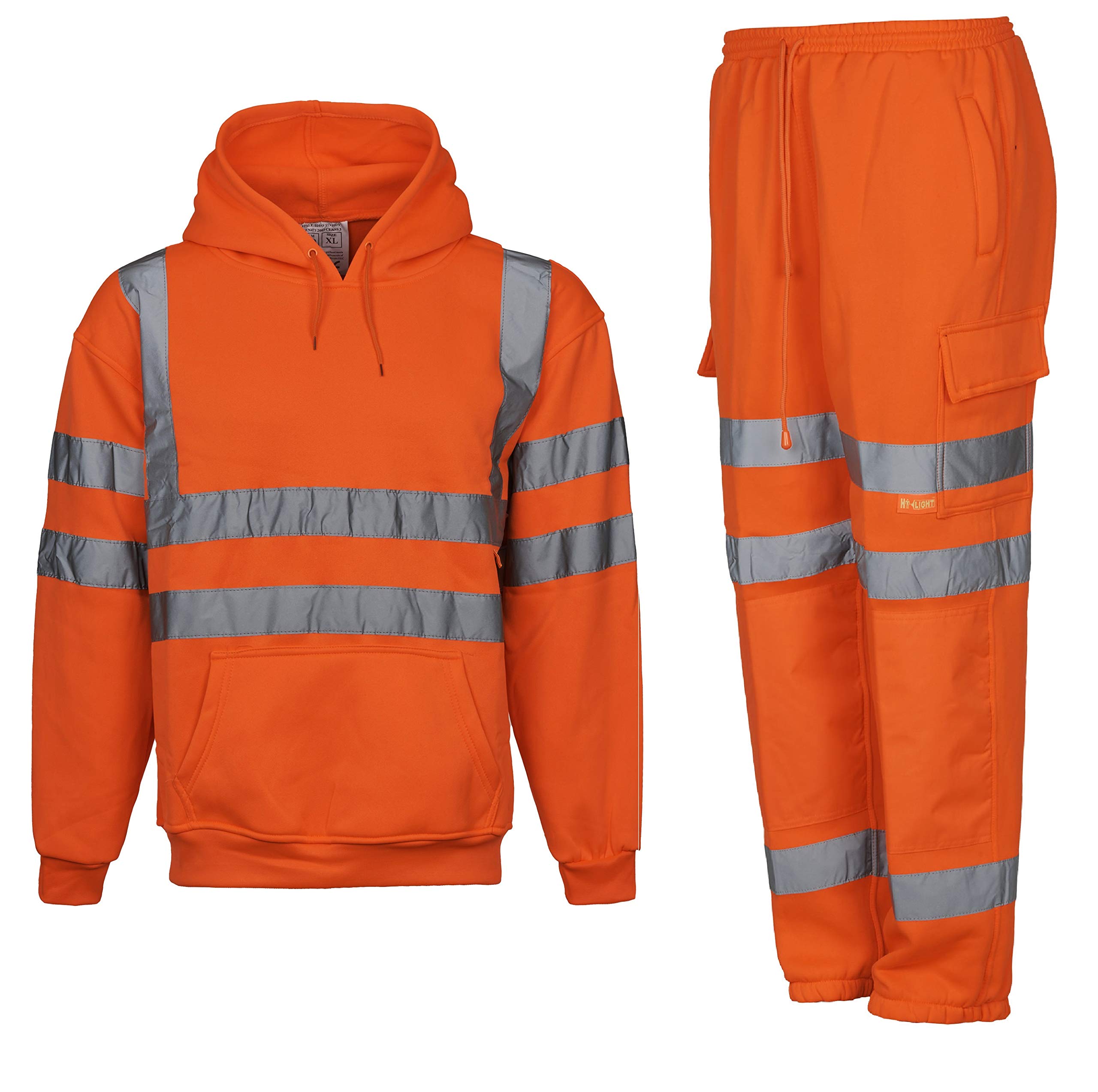 Overdose® Hi Viz Sweatshirt Set Hooded Visibility Work Bottoms Zipper Mens Hoody Reflective Tape Safety Security Work Wear Ladies Vis Safety Top (Medium, Orange)