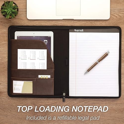 Miniatura 4 de Samsill Cartera vintage de piel sintética con cremallera, diseño de tapa dura, organizador de negocios y entrevistas, bloc de escritura de 8.5 x 11,