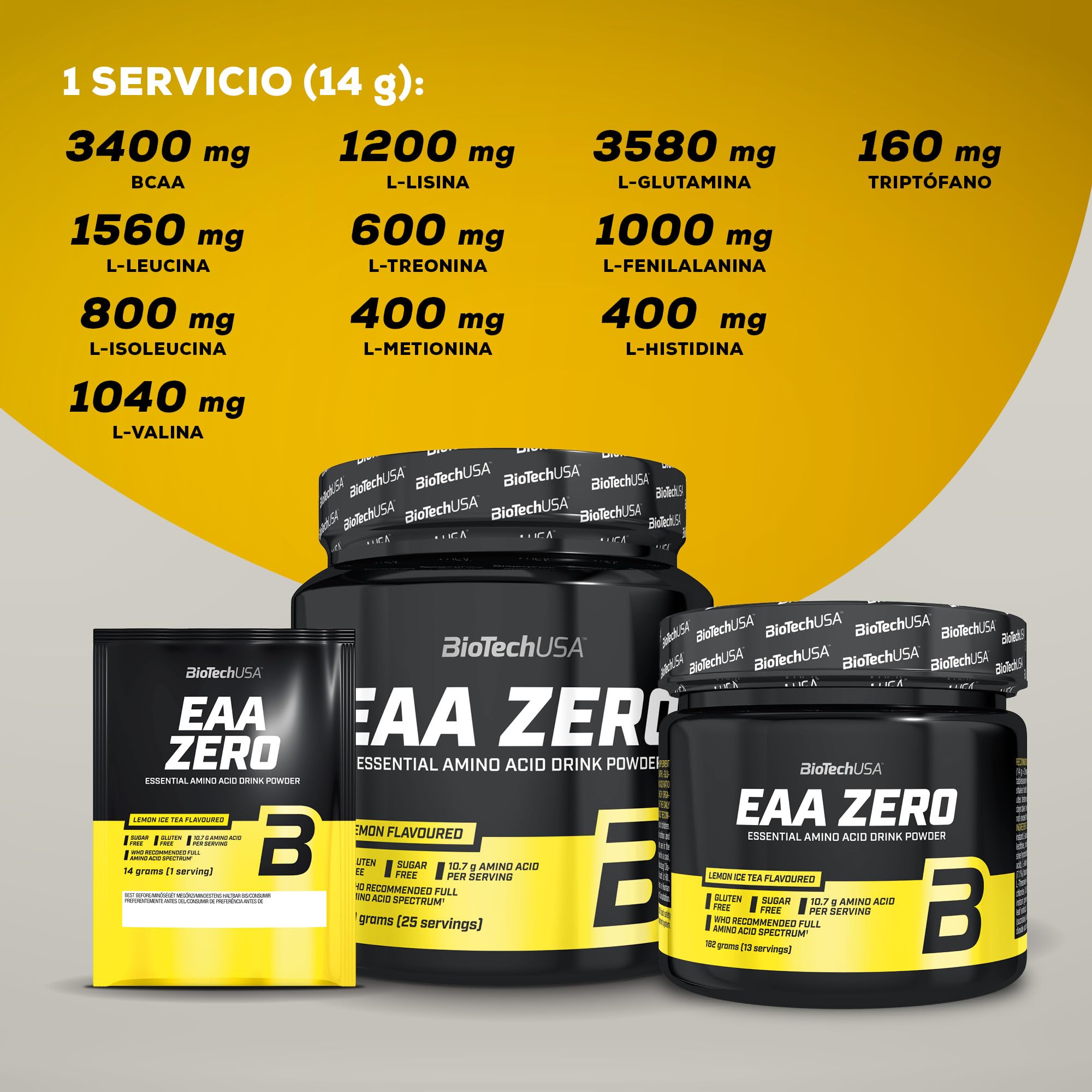 BioTechUSA EAA Zero - Essential Amino Acid Power | 7160mg EAA/porción | Proporción recomendada por la OMS | Sin azúcar, sin gluten, 350 g, Limón — view 6