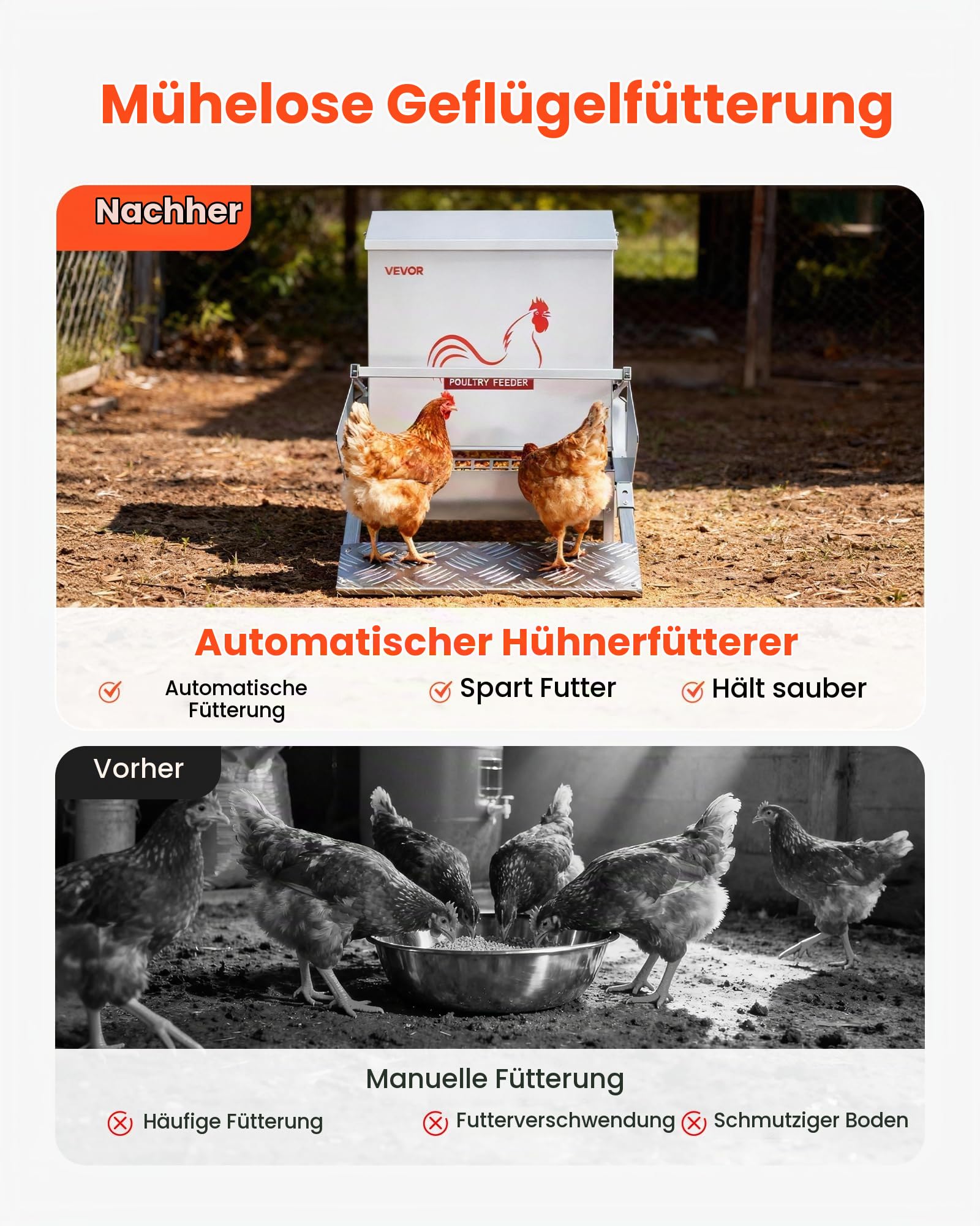 VEVOR Futterautomat Hühner, 18,14 kg Geflügelfutterspender, regensicherer Tretfutterautomat mit abschließbarem Deckel, verlustfrei, , Hühnerzubehör für Zwerghühner, Geflügel & Fasane