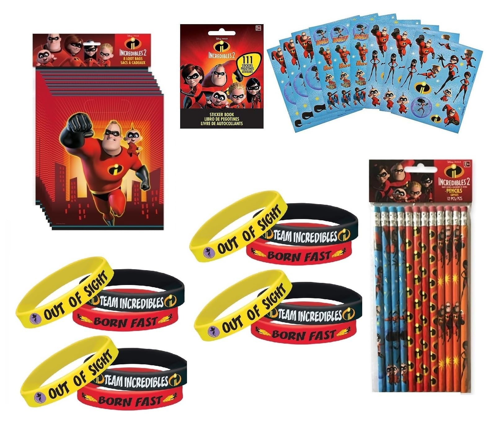 The Incredibles Birthday Party Supplies Favor Bundle Pack Includes 8 Loot Bags, 12Pencils, 12 Bracelets, 8 Sticker Sheets