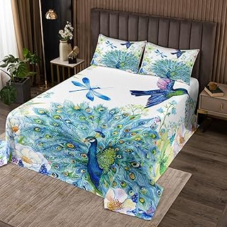 Erosebridal Peacock Quilted Hummingbird Dragonfly Bedspread Flowers Birds Pattern Coverlet Set for Girls Women Navy Blue Floral Animals Fresh Nature Bedspread Quilt Set with 2 Pillow Cases Queen Size