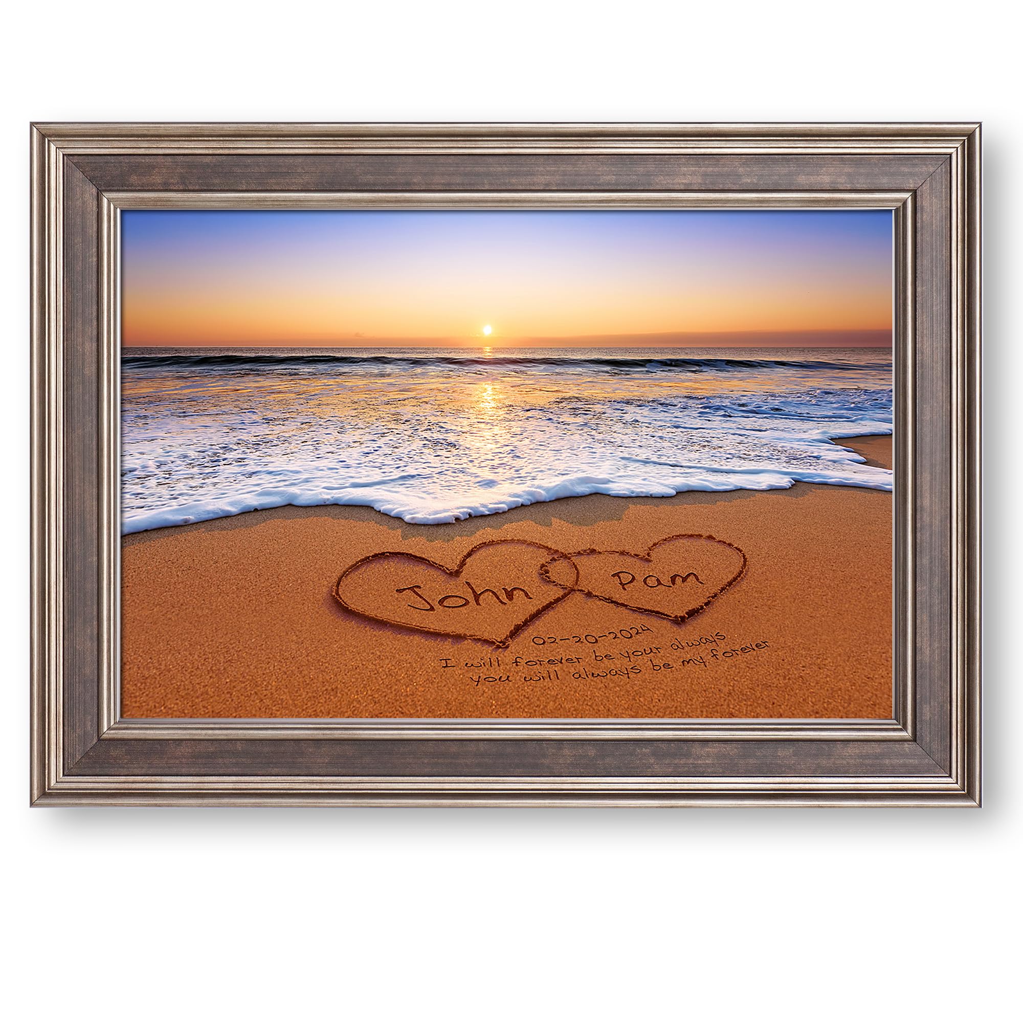 Two hearts together in the glow of a sunrise. Unique Personalized Photo or Canvas Prints with Couple's Names and Special Date,Perfect Present Love Gift for Anniversary,Wedding,Birthday and Holidays