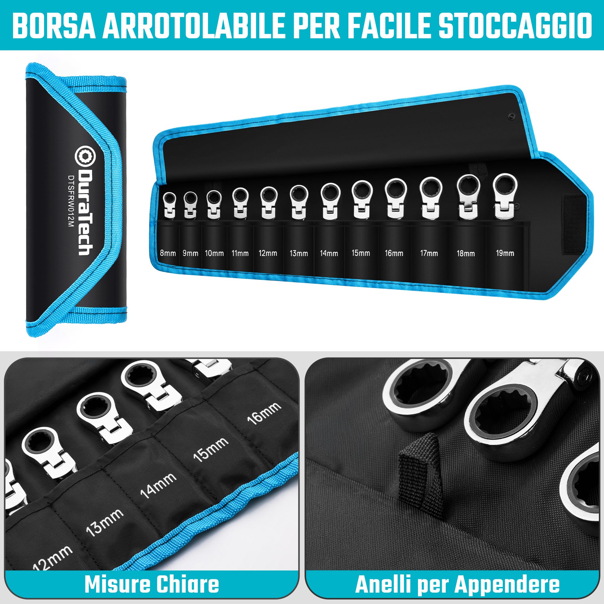 DURATECH Stubby - Set di chiavi combinate a cricchetto con testa flessibile, metrica, 12 pezzi, 8-19 mm, acciaio CR-V, con custodia