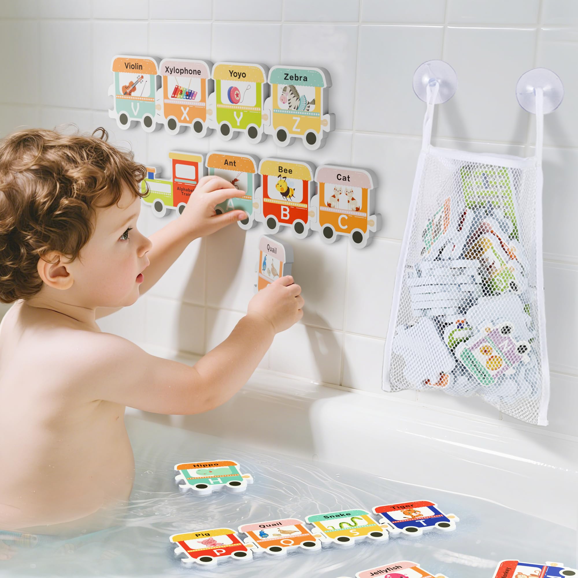 Photo 1 of iPlay, iLearn Bath Toy Organizer W/Foam Letters, Toddler Bathtub Toy W/Storage Net, 32 Floating Alphabet Train Puzzle Bathtime Shower Water Play, Learning Birthday Gift 3 4 5 6 Year Old Kid Boy Girl